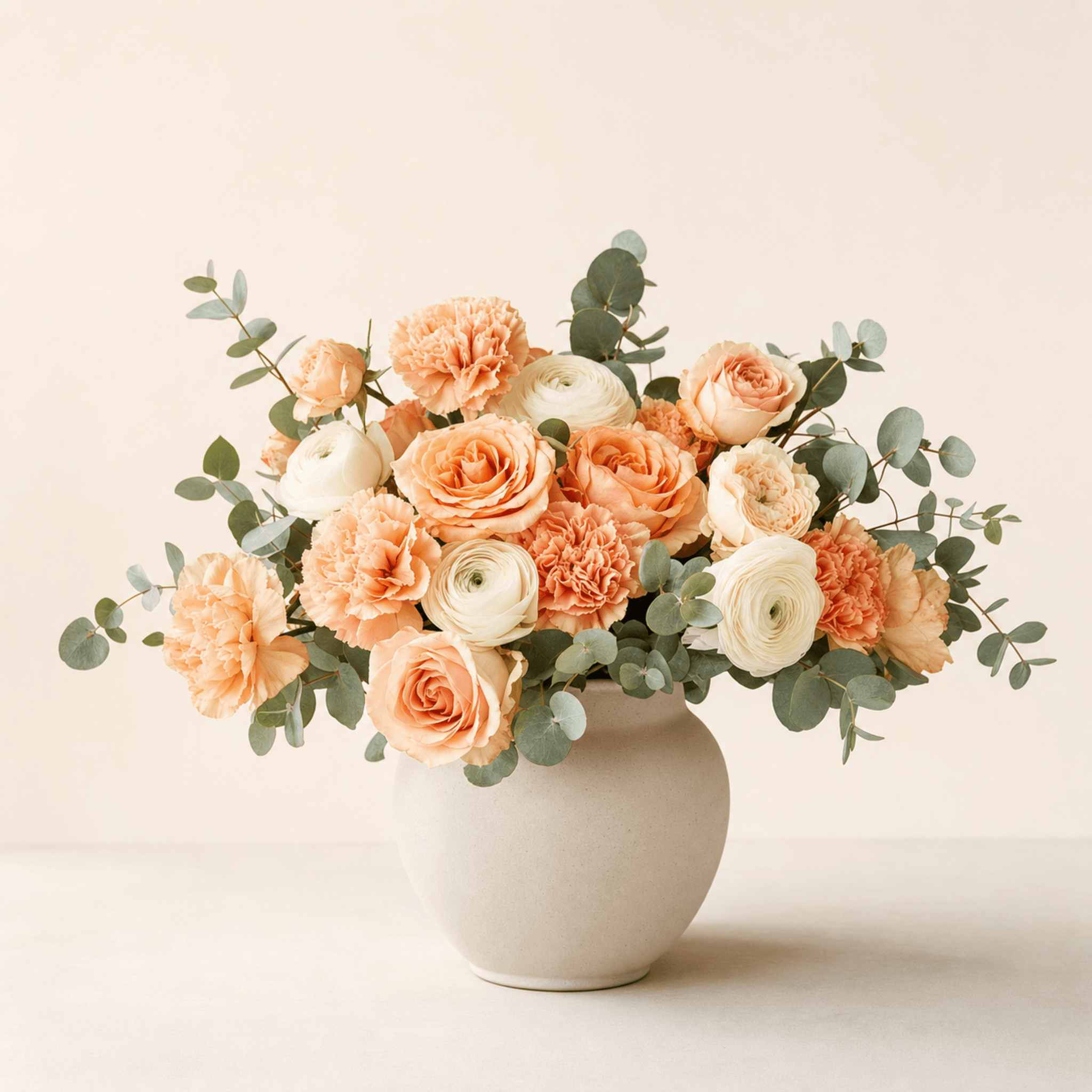 Peach roses, carnations, white ranunculus, and eucalyptus in a round white ceramic vase