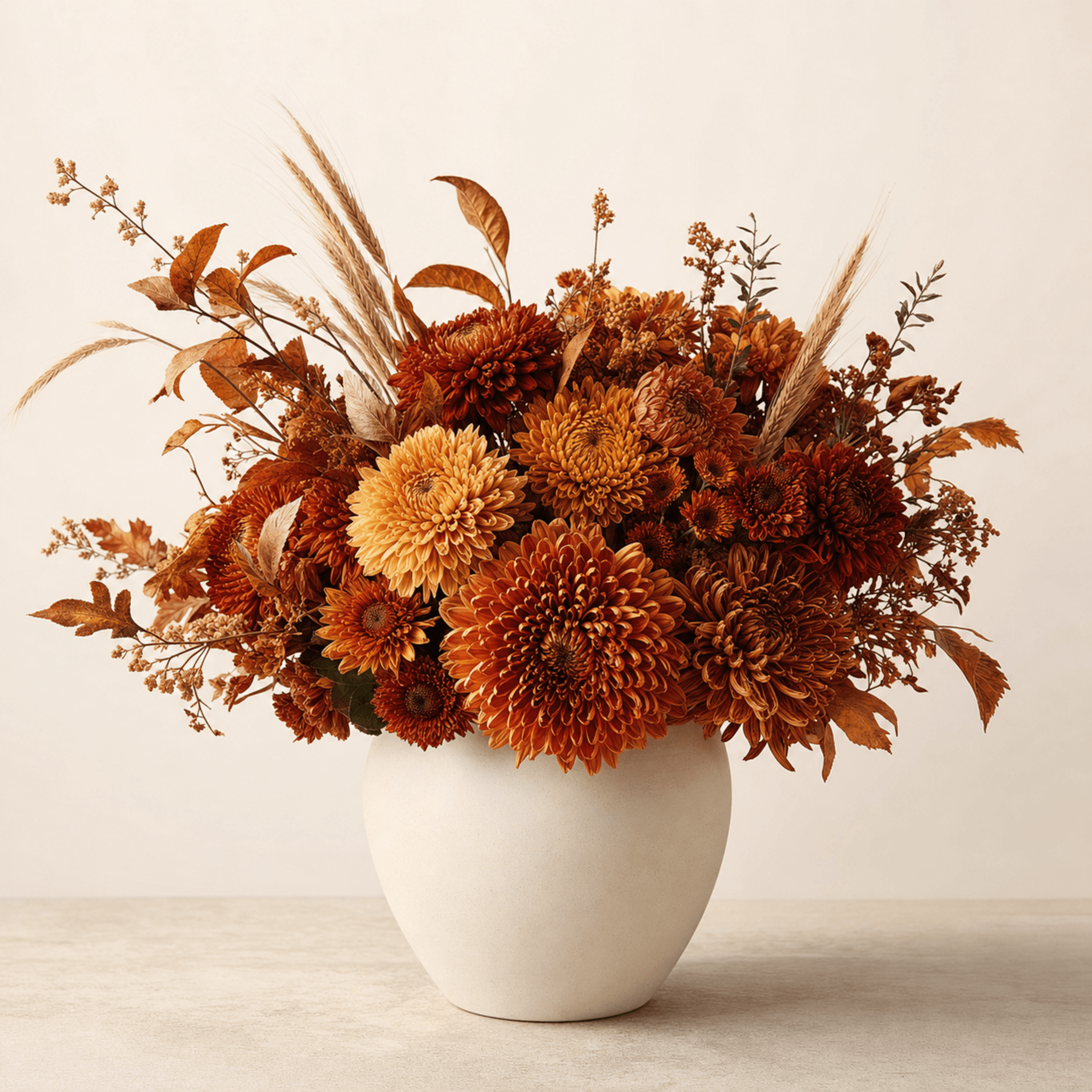 Autumn chrysanthemums in burnt orange and burgundy with wheat stems in a round white ceramic vase