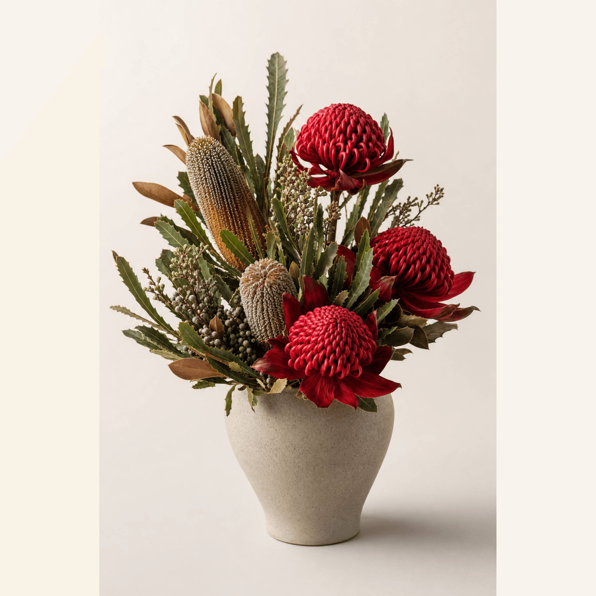 Red waratah blooms and banksia spikes with mixed natives in a speckled ceramic vase