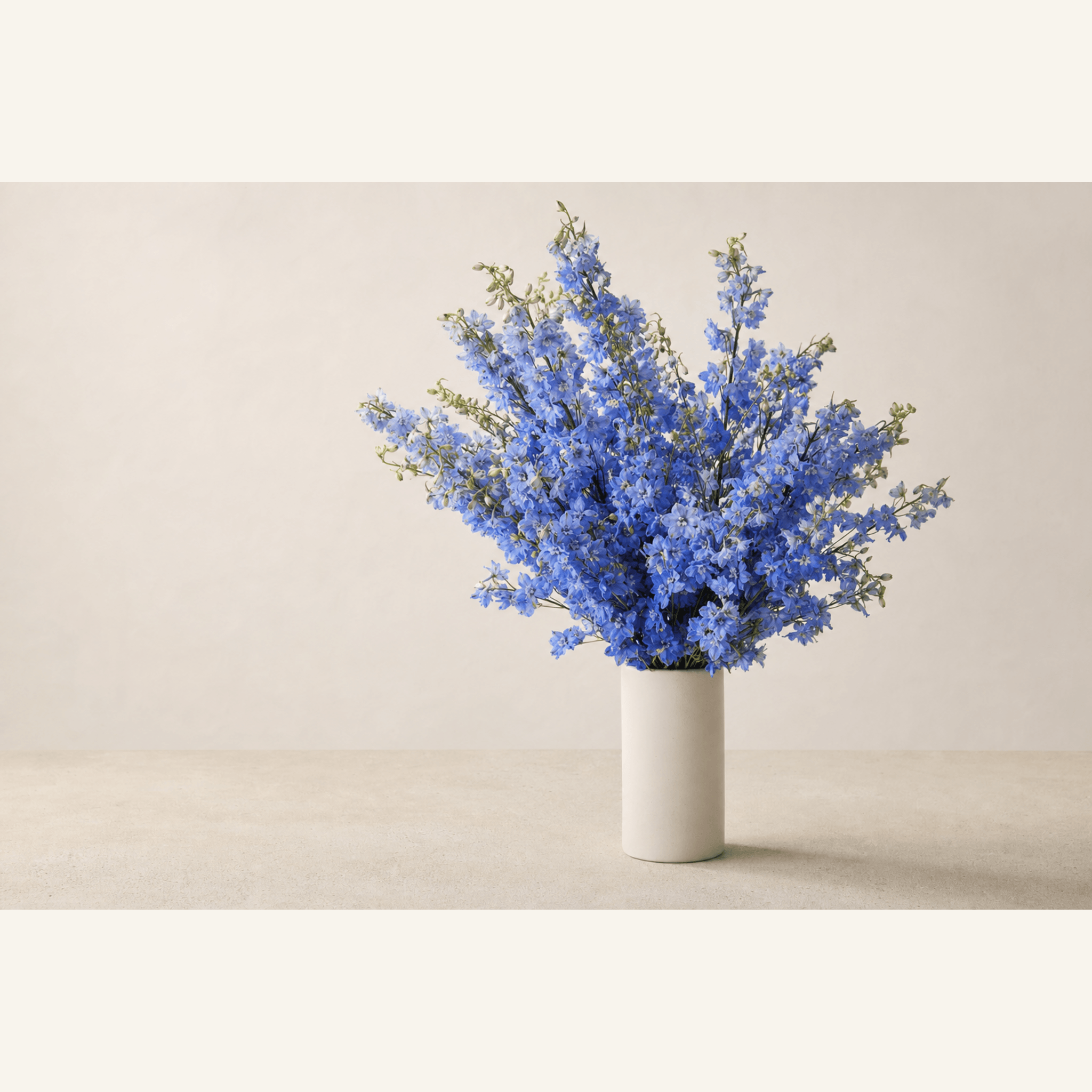 Blue delphinium blooms arranged in a tall white ceramic cylinder vase