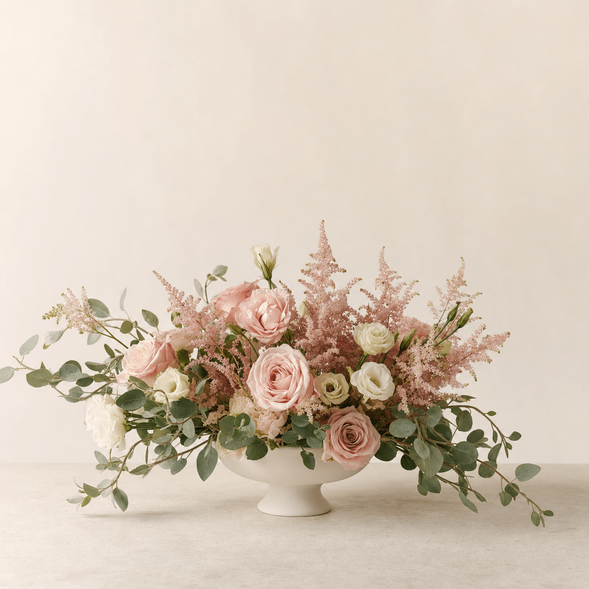 Blush roses, white lisianthus, pink astilbe, and eucalyptus in a white footed compote bowl