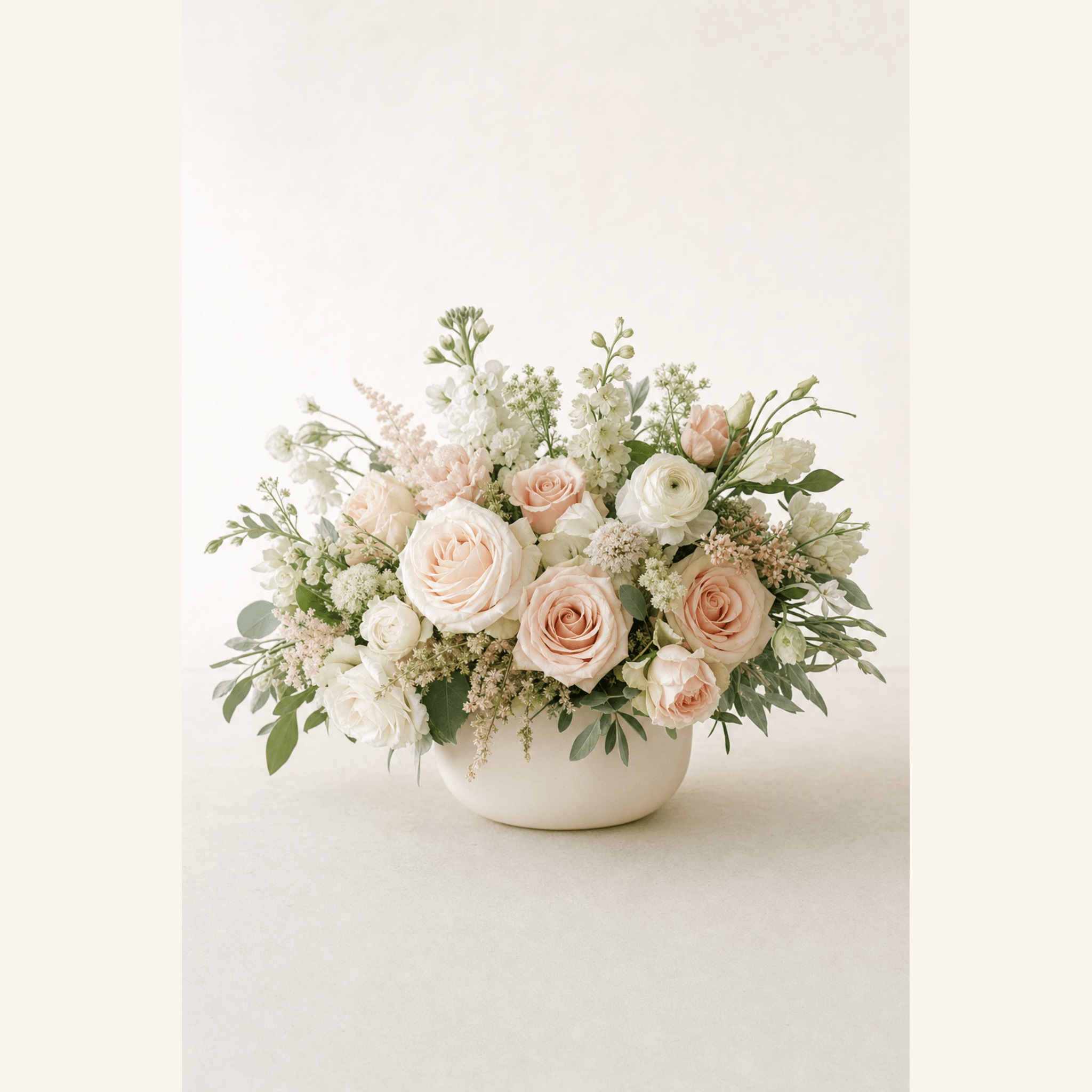 Blush and white roses, ranunculus, astilbe, and eucalyptus in a low white ceramic bowl