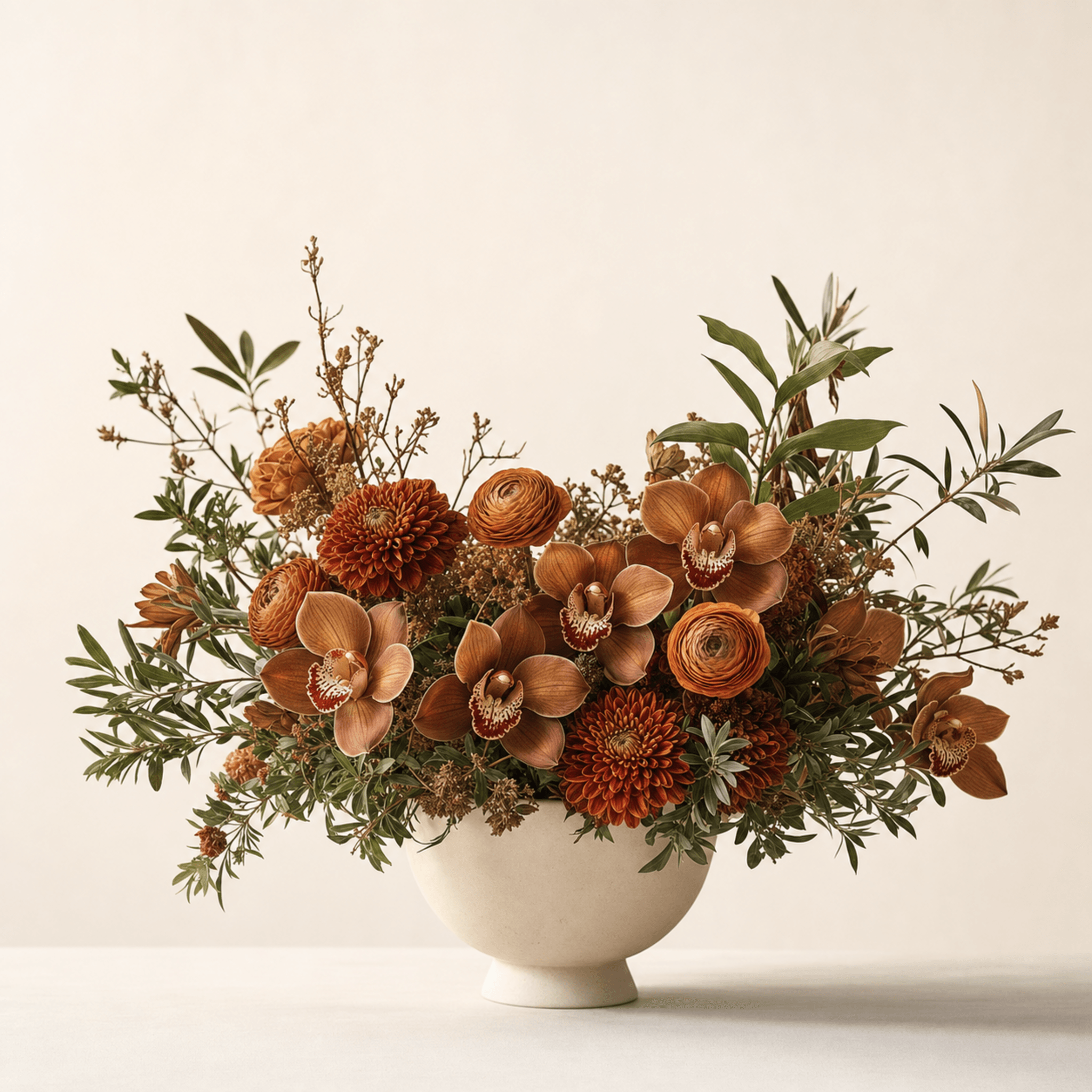 Rust cymbidium orchids, orange ranunculus, red chrysanthemums, and olive foliage in a white footed ceramic bowl