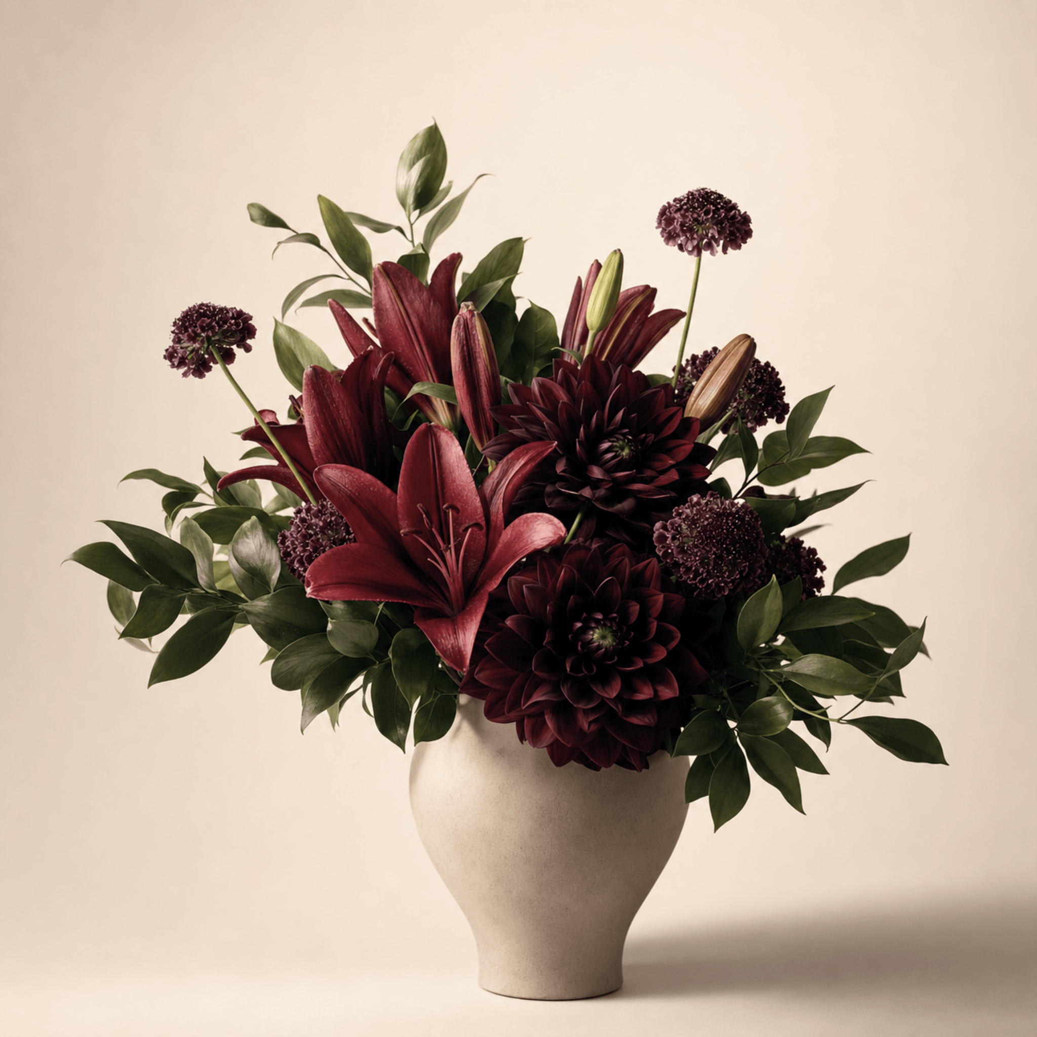 Deep red lilies and burgundy dahlias with purple scabiosa in a cream ceramic vase