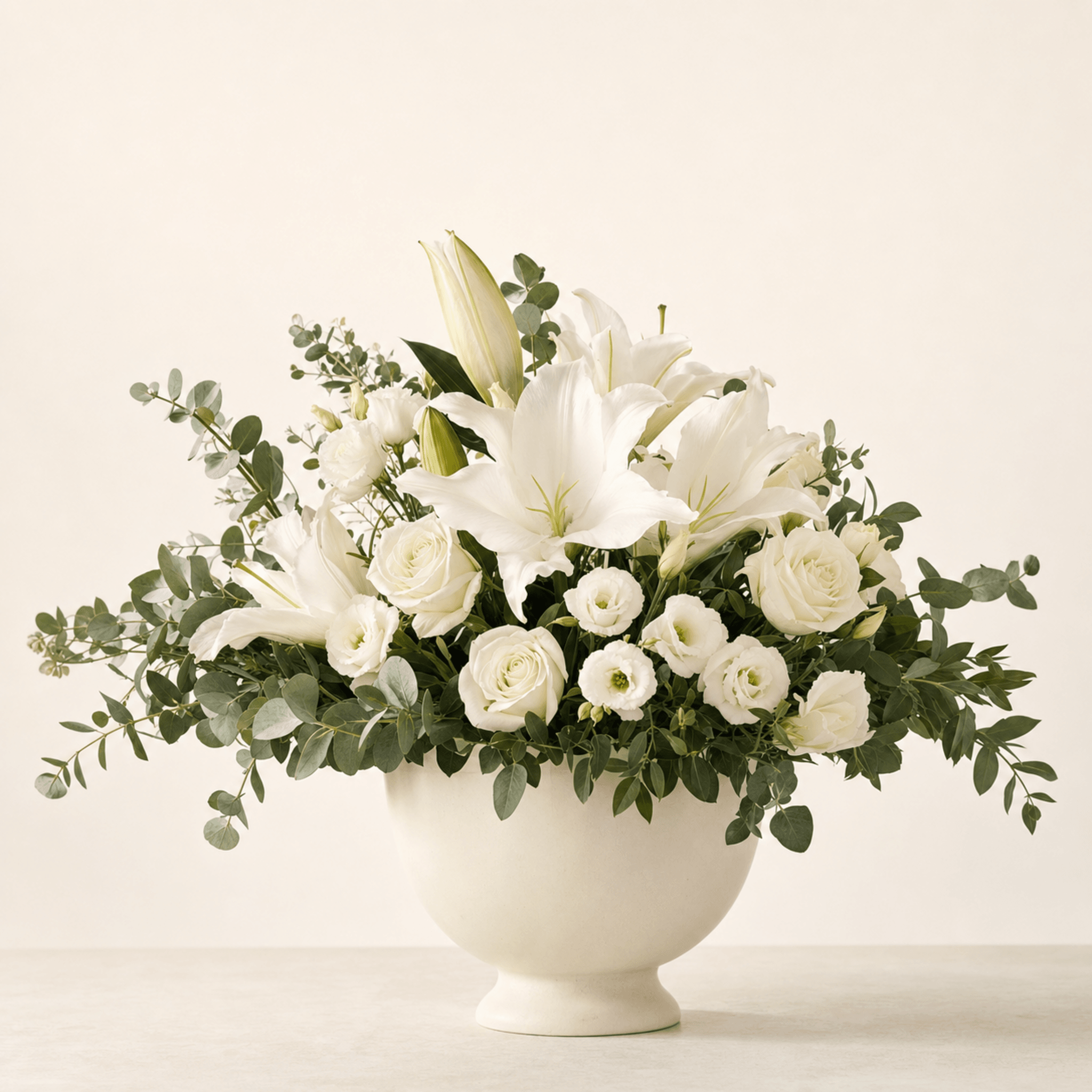 White lilies, cream roses, and lisianthus with eucalyptus in a white footed ceramic bowl