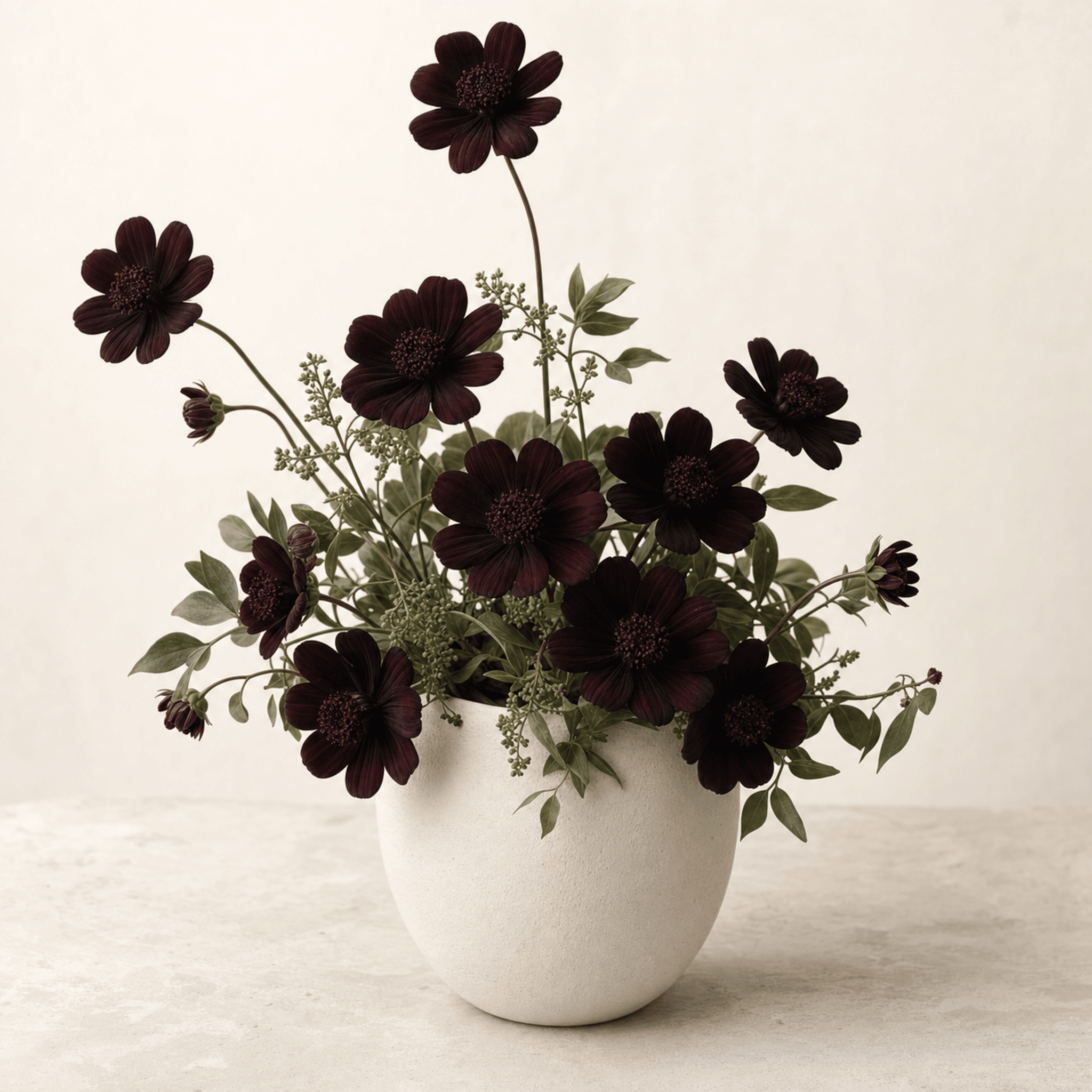 Deep burgundy cosmos flowers with green foliage in a round white ceramic pot