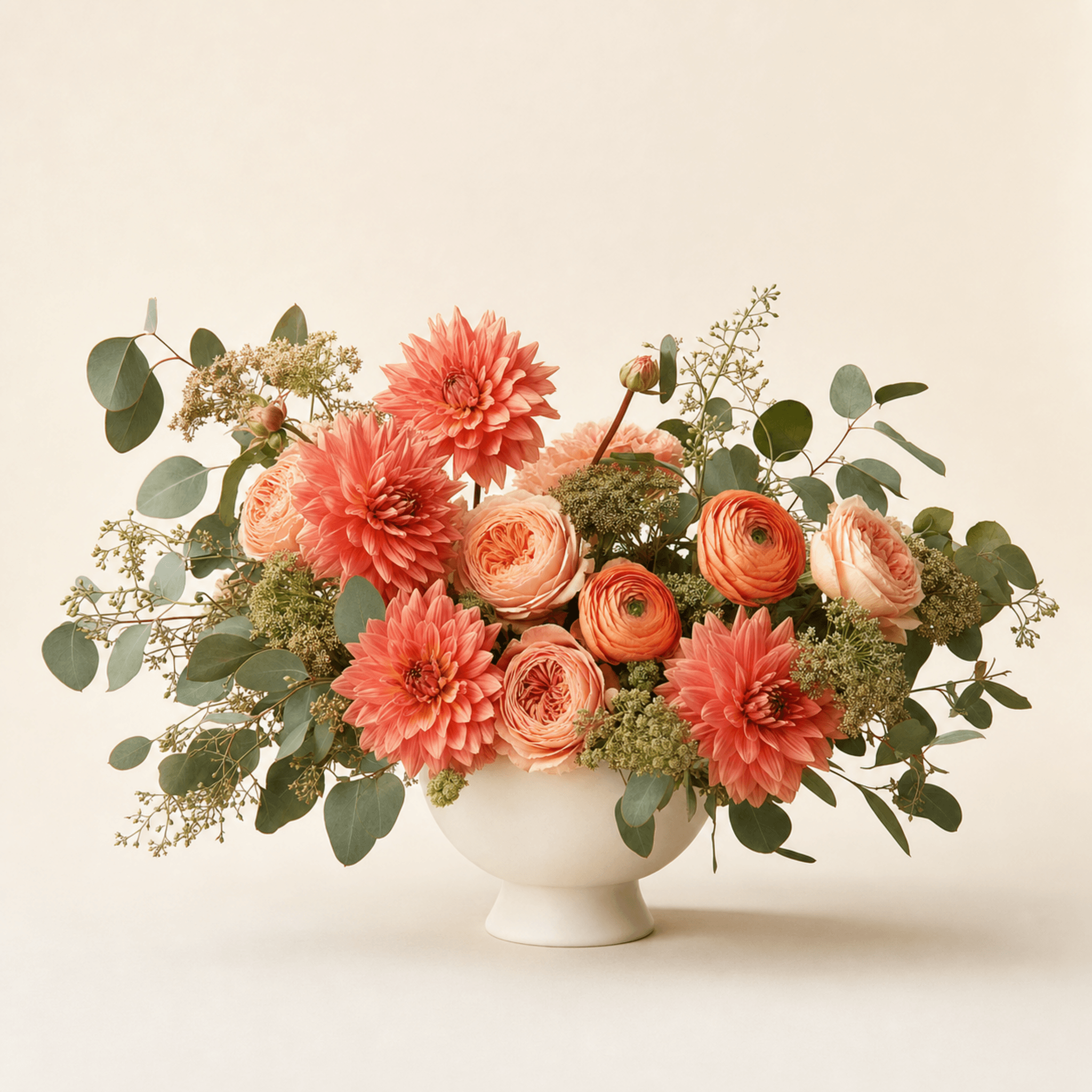 Coral dahlias, peach garden roses, ranunculus and eucalyptus in a white footed bowl