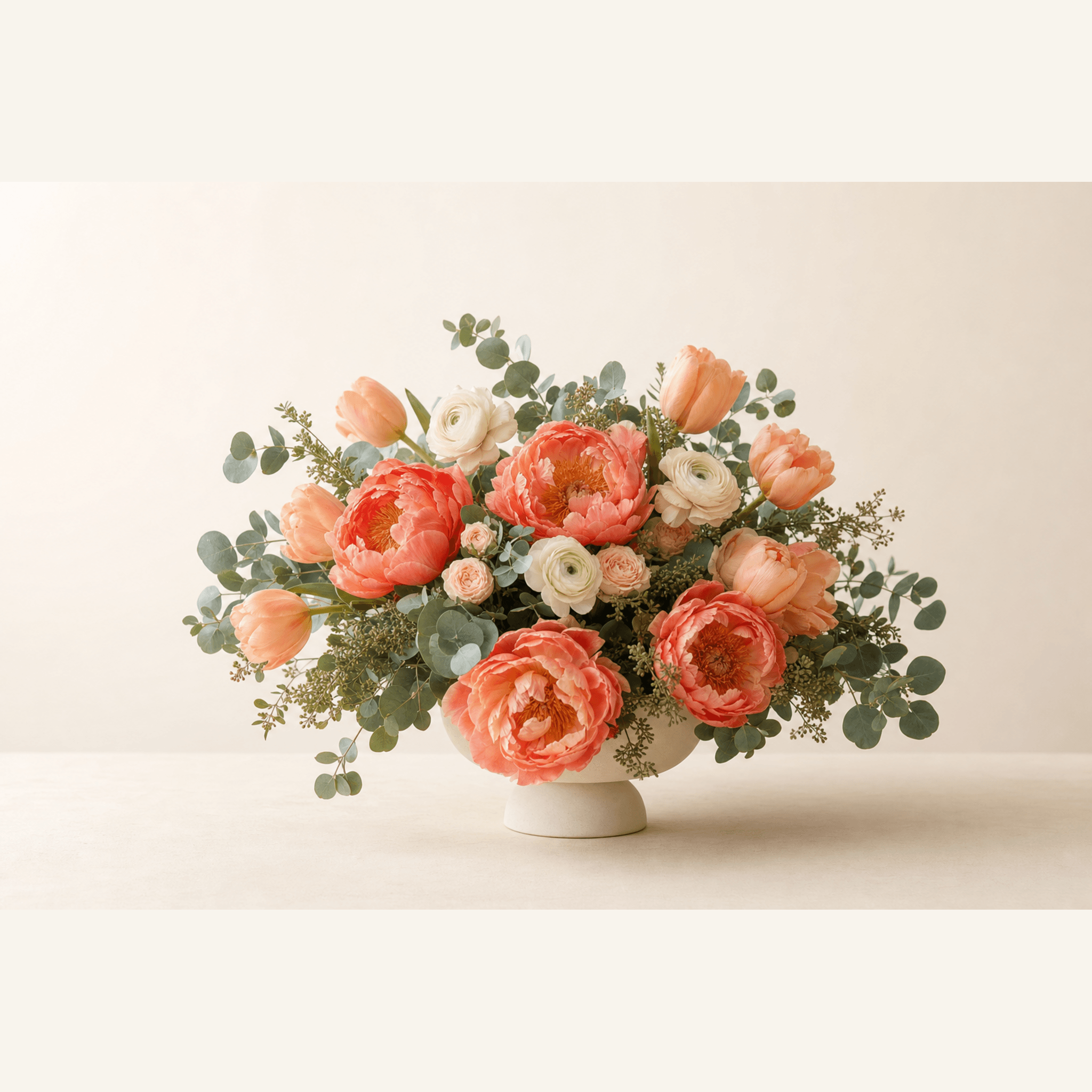 Coral peonies, peach tulips, white ranunculus, and eucalyptus in a white footed bowl