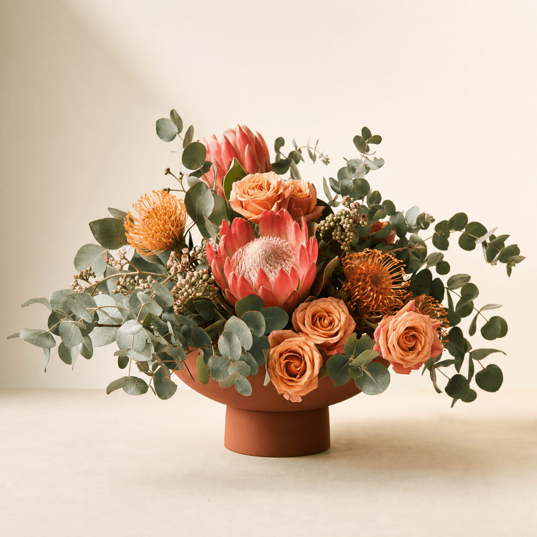 Pink protea, peach roses, orange pincushion protea, and eucalyptus in a terracotta footed bowl
