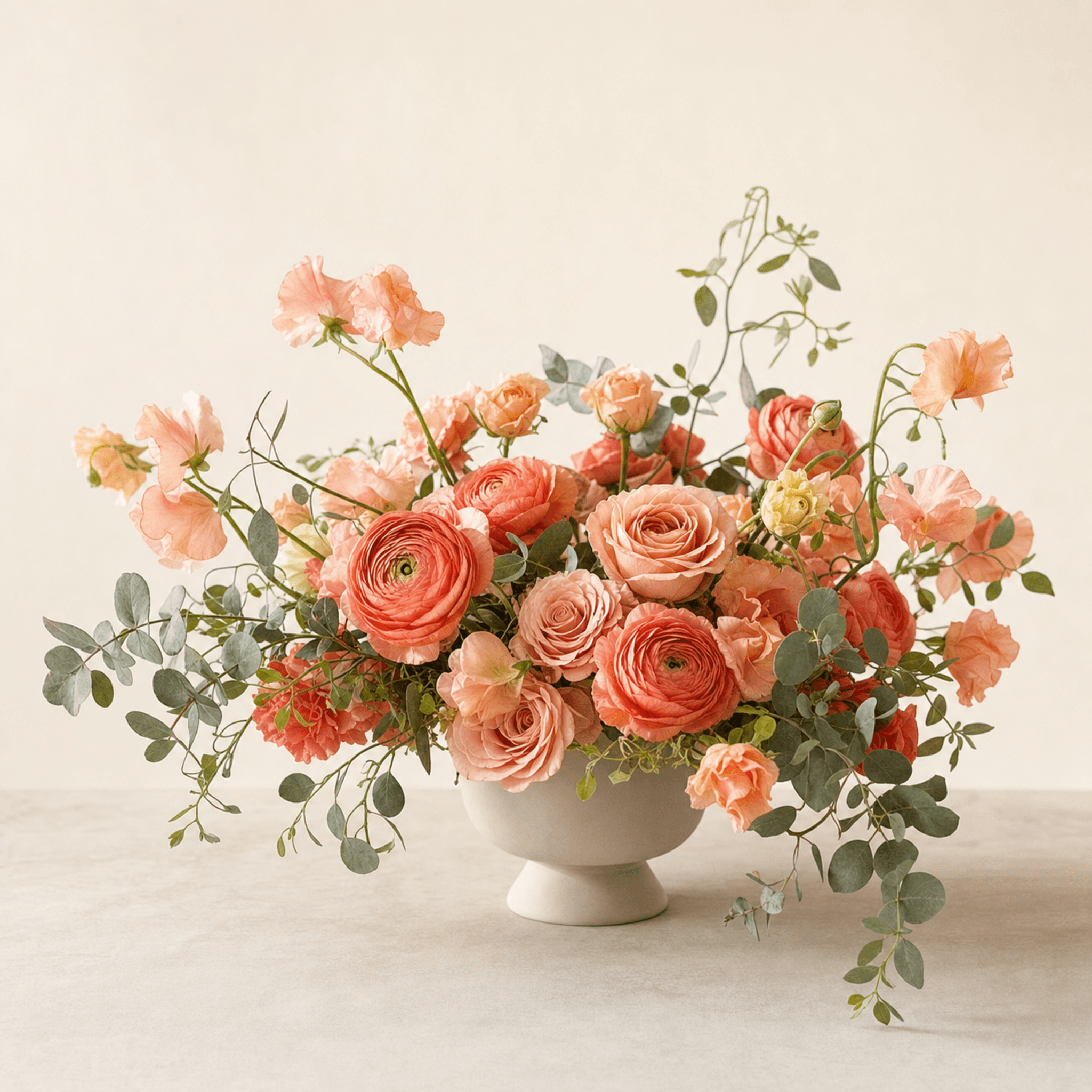 Coral ranunculus, peach roses, sweet peas, and eucalyptus in a white footed ceramic bowl