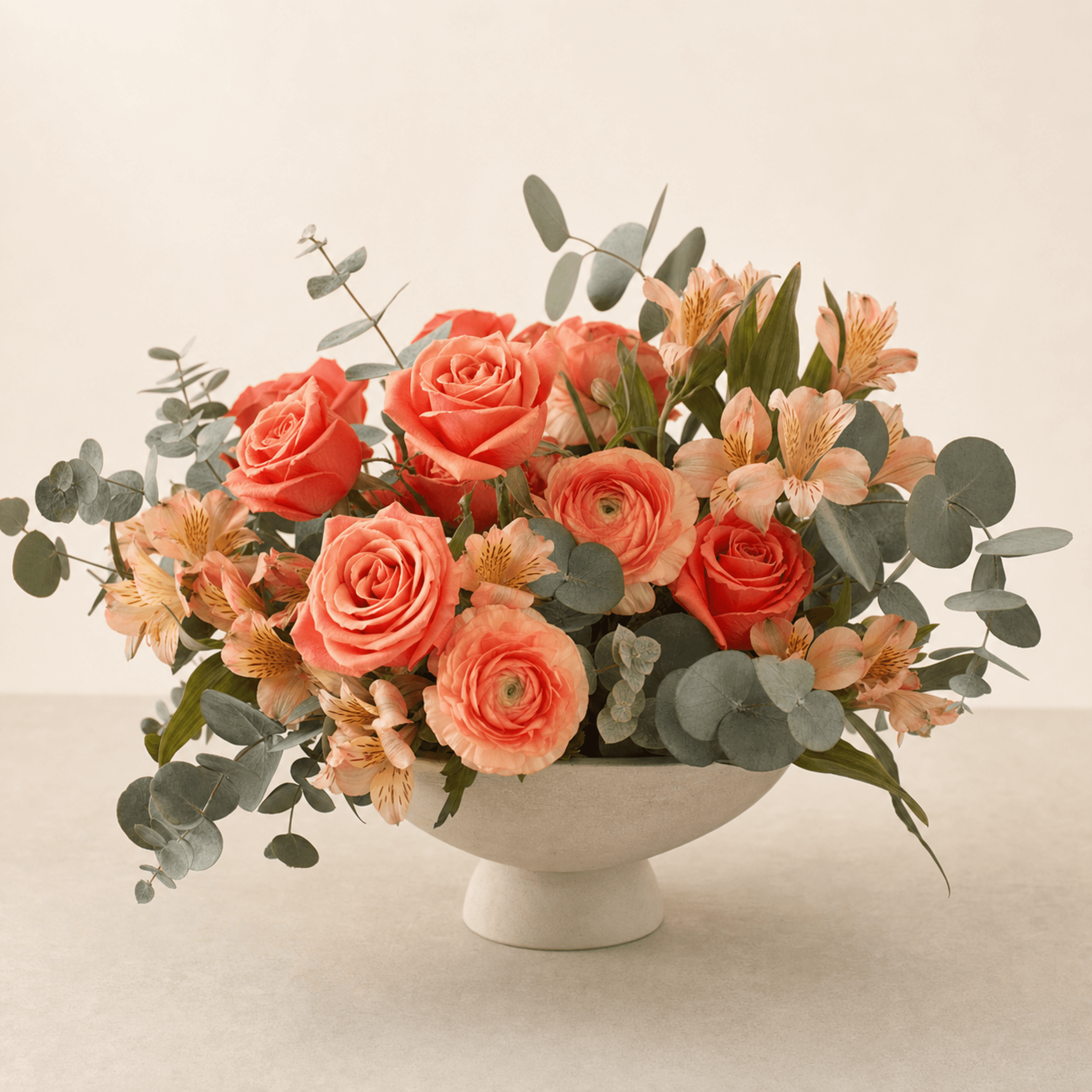 Coral roses, ranunculus, alstroemeria, and eucalyptus in a white footed ceramic bowl