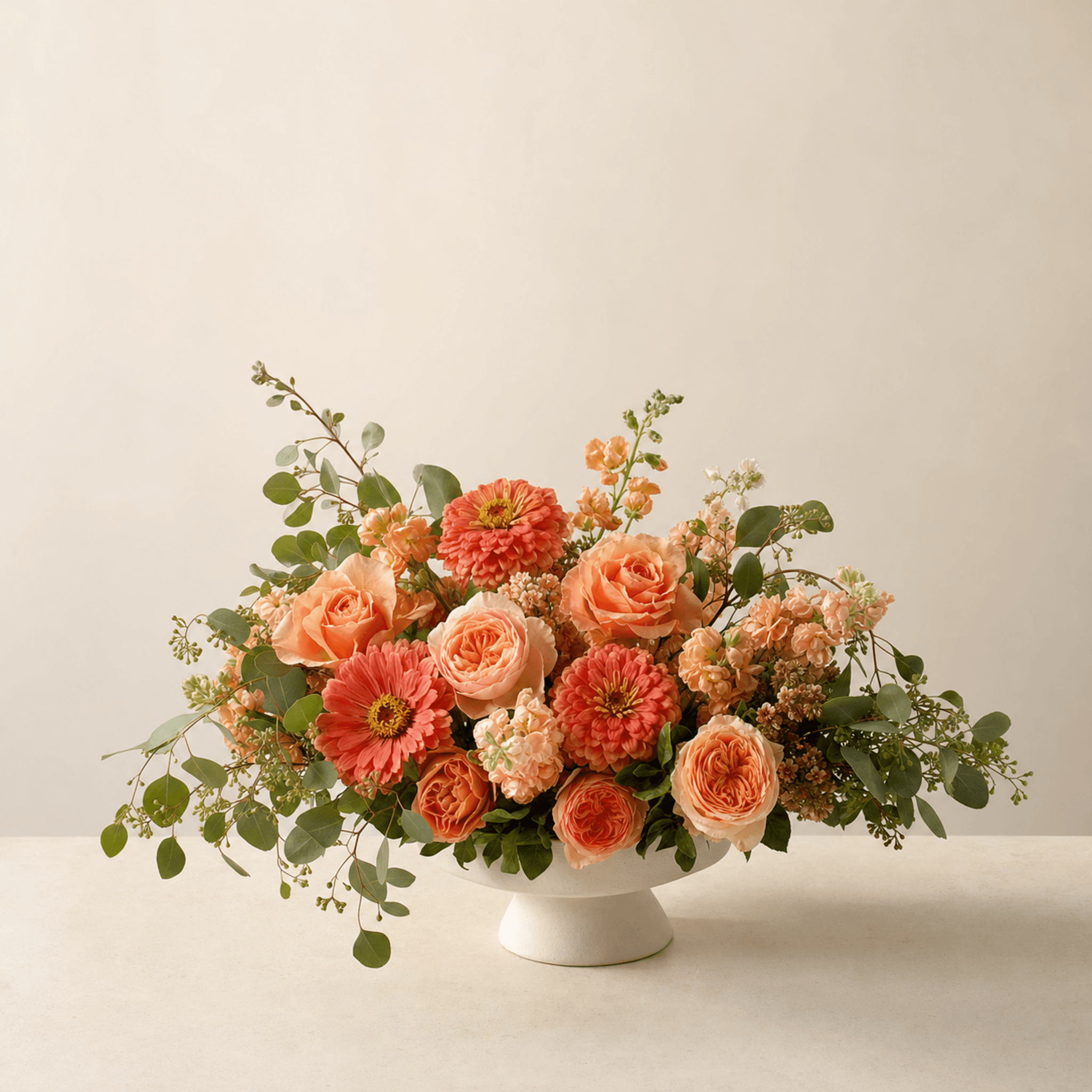 Peach garden roses, coral zinnias, gerberas, and eucalyptus in a white footed ceramic compote