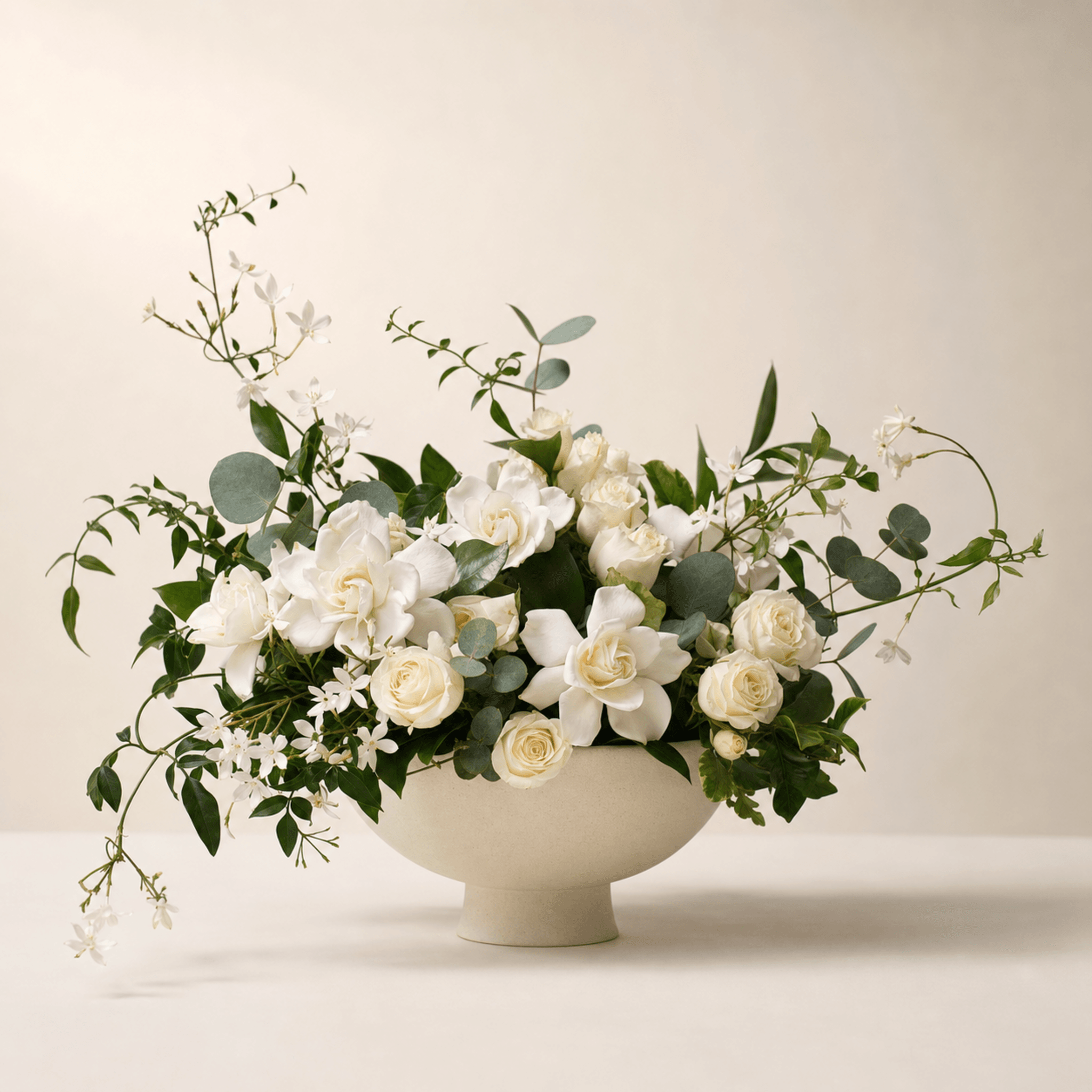 White roses, gardenias, jasmine, and eucalyptus in a wide cream ceramic footed bowl