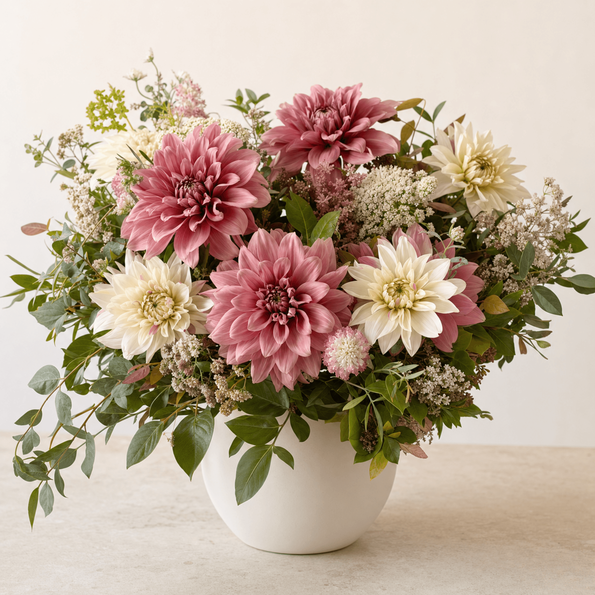 Blush and cream dahlias with eucalyptus and white filler flowers in a white ceramic bowl vase