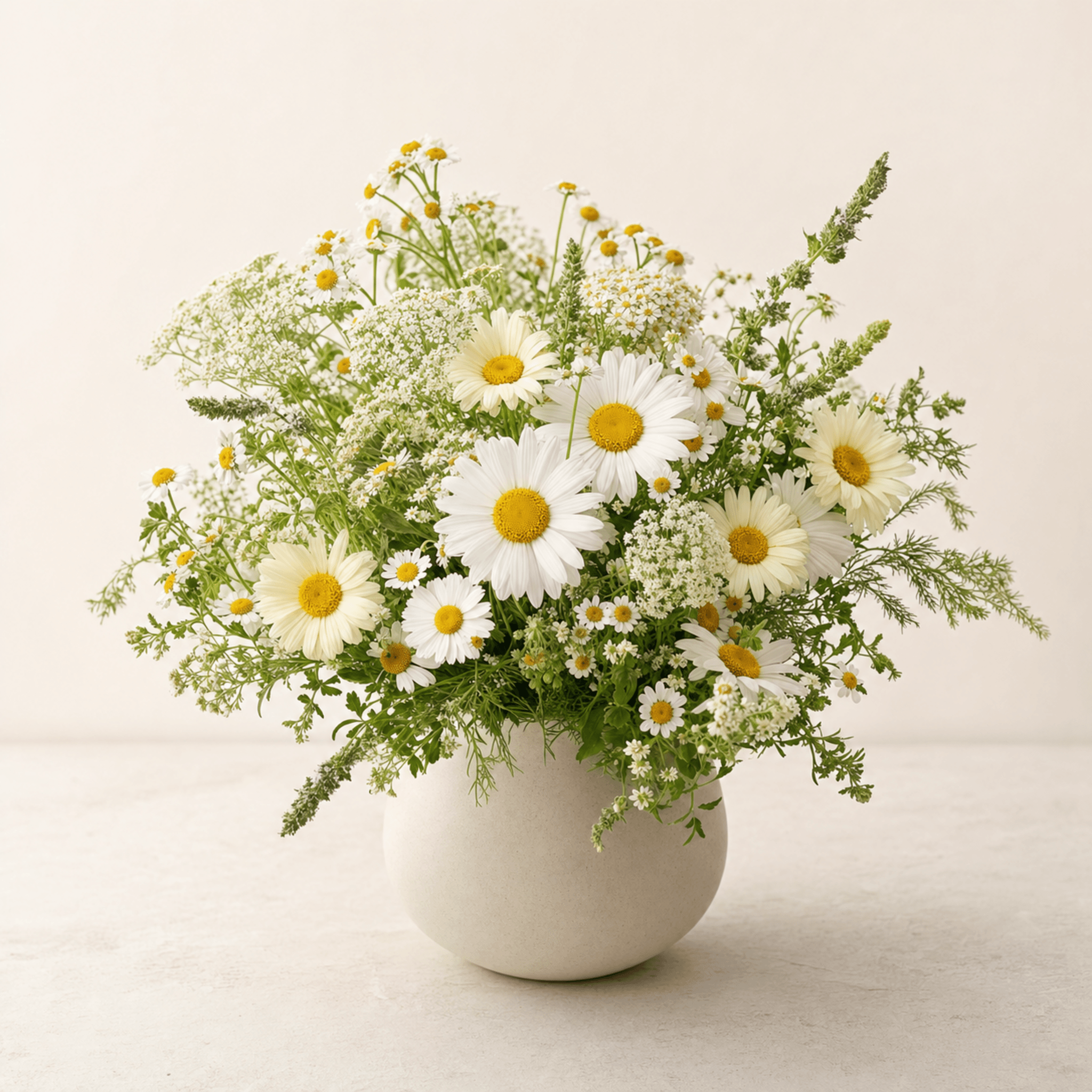 White daisies and chamomile with Queen Anne's lace in a round cream ceramic vase