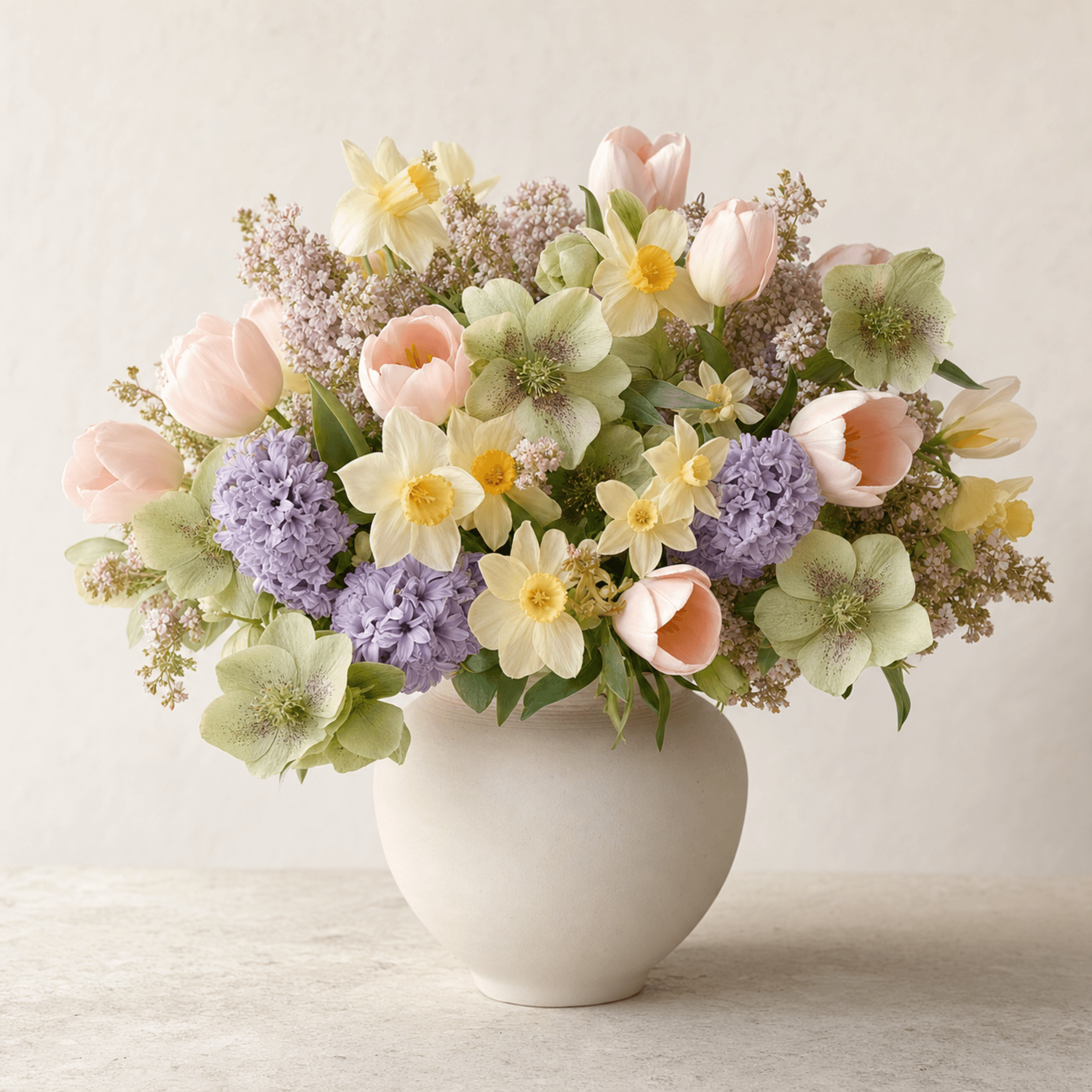 Pastel pink tulips, white daffodils, purple hyacinths, and green hellebores in a round white ceramic vase
