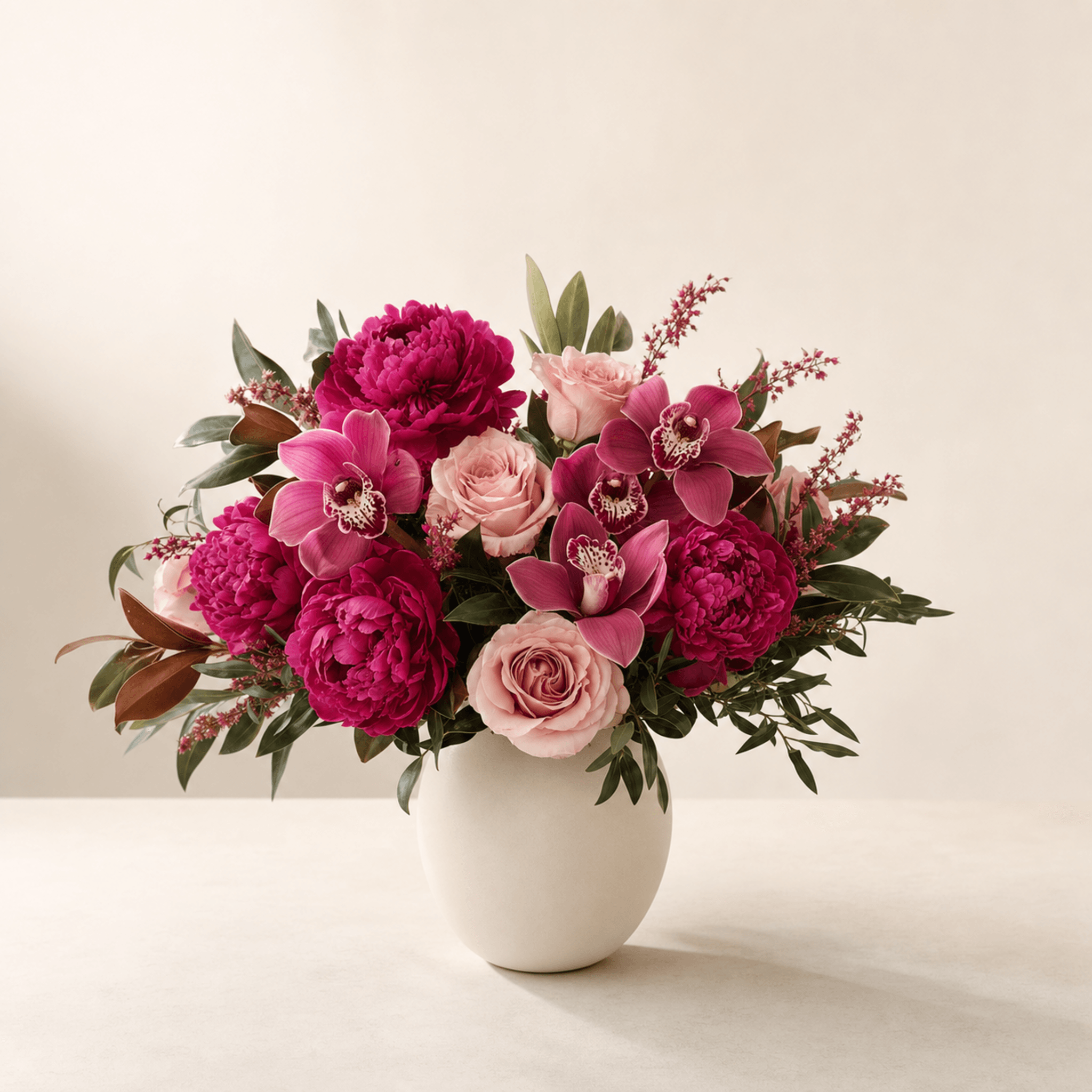 Magenta peonies, blush roses, and pink cymbidium orchids arranged in a round white ceramic vase