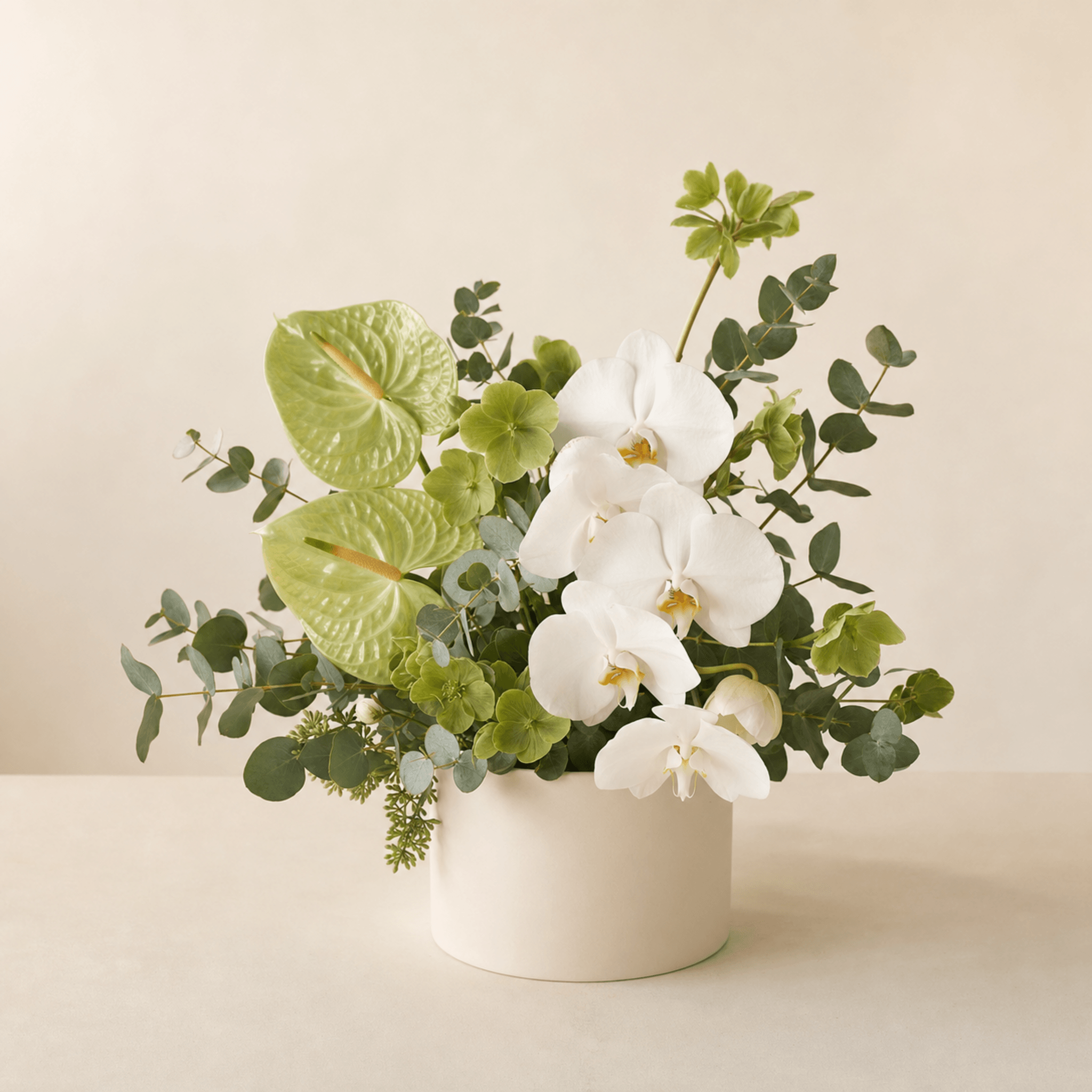 White orchids and green anthuriums with eucalyptus in a low white ceramic pot