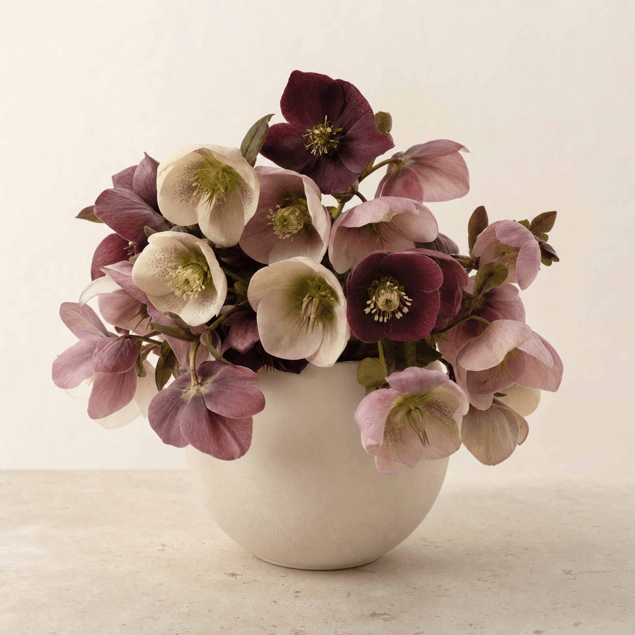 Burgundy, blush, and cream hellebores arranged in a round white ceramic bowl