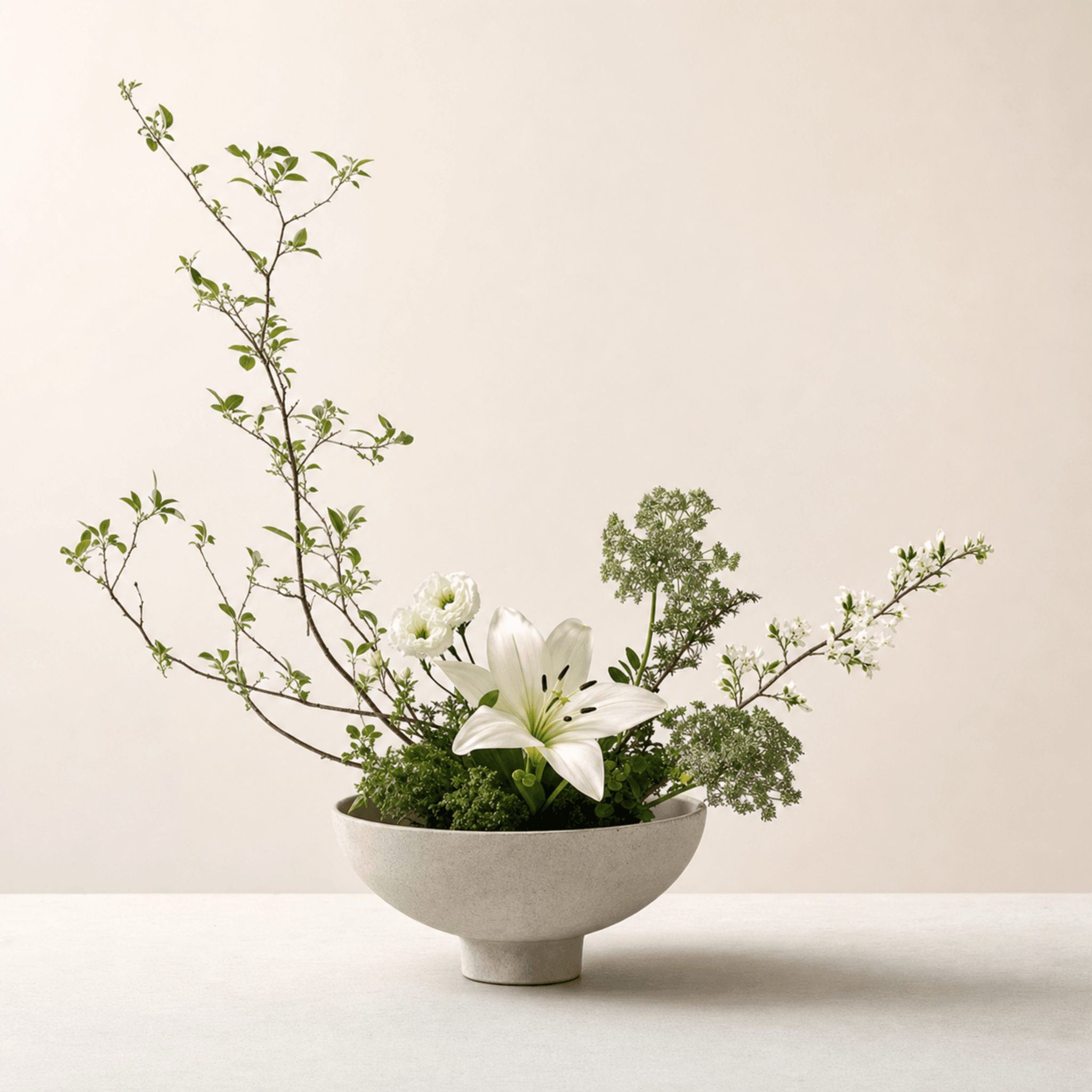 White lily and ranunculus ikebana arrangement with flowering branches in a footed stone bowl