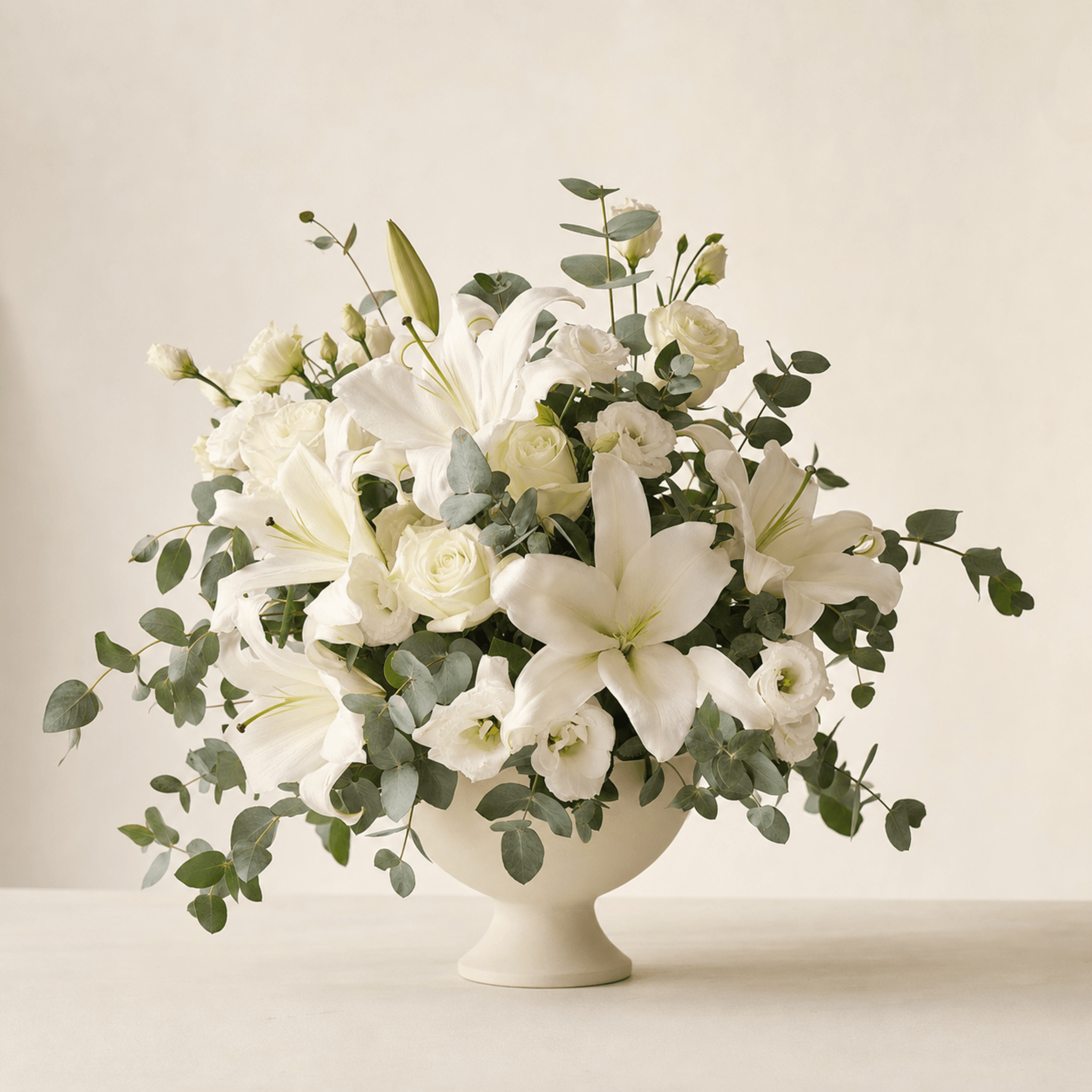 White lilies, roses, lisianthus and eucalyptus in a cream footed ceramic bowl