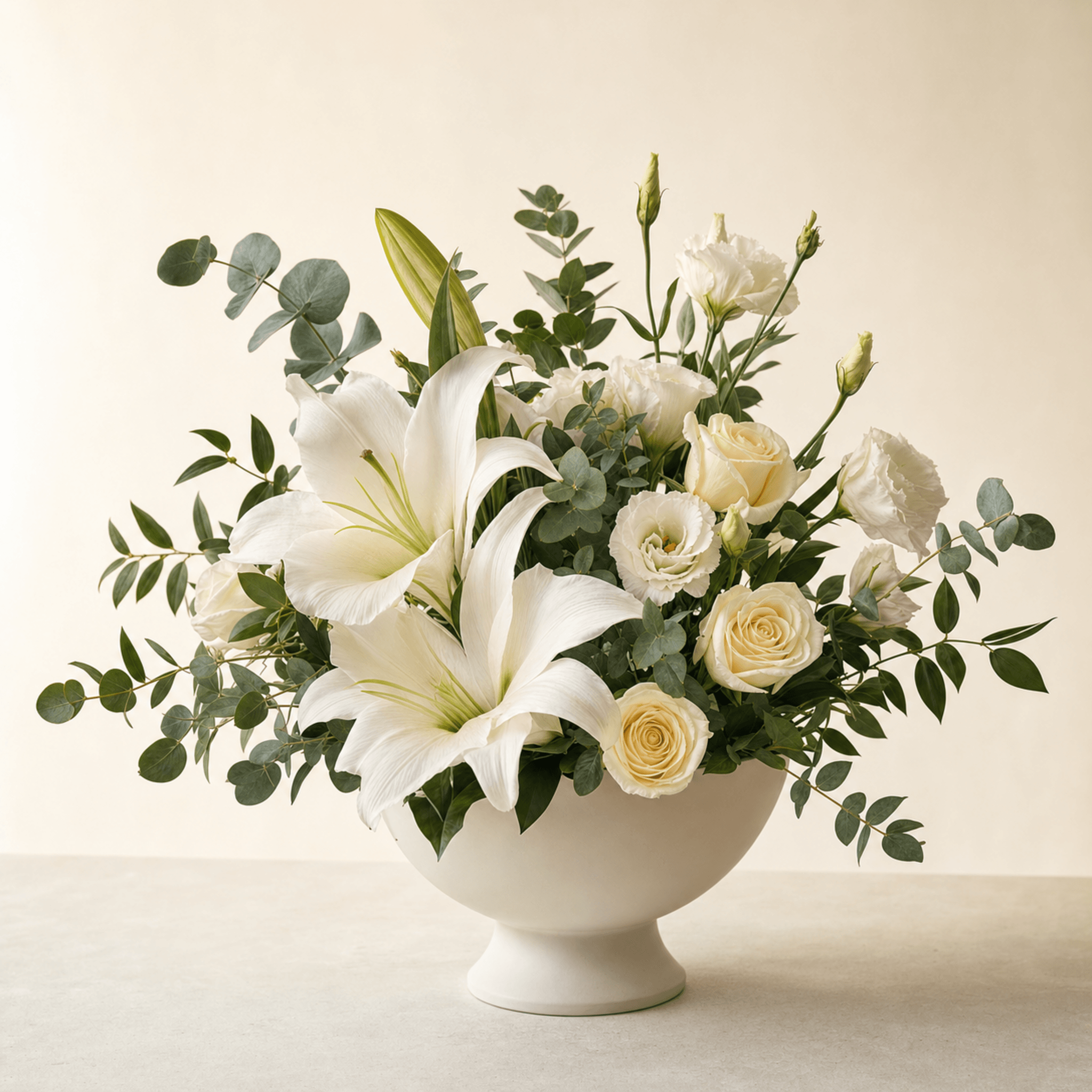 White lilies, cream roses, white lisianthus and eucalyptus in a white footed bowl vase