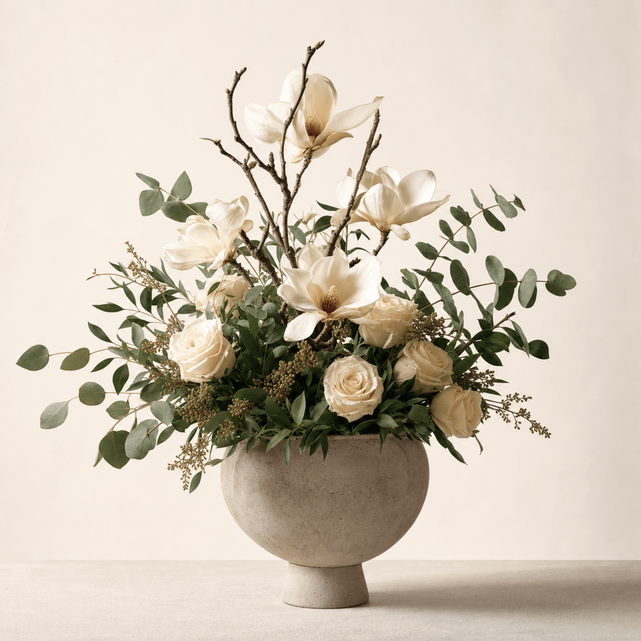 White magnolias and cream roses with eucalyptus in a round stone footed vase