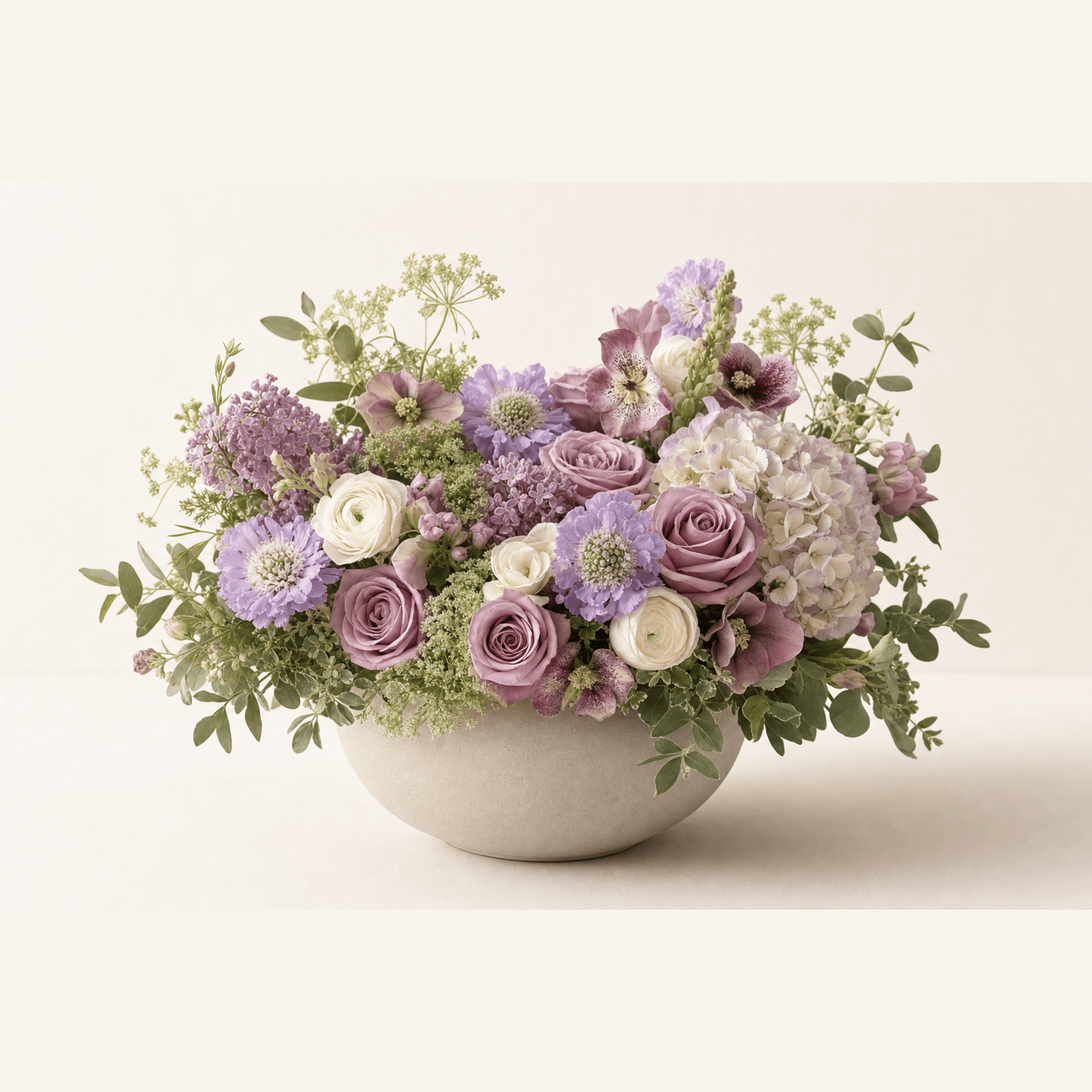 Lavender roses, hydrangea, ranunculus, scabiosa, and lilac in a low white ceramic bowl