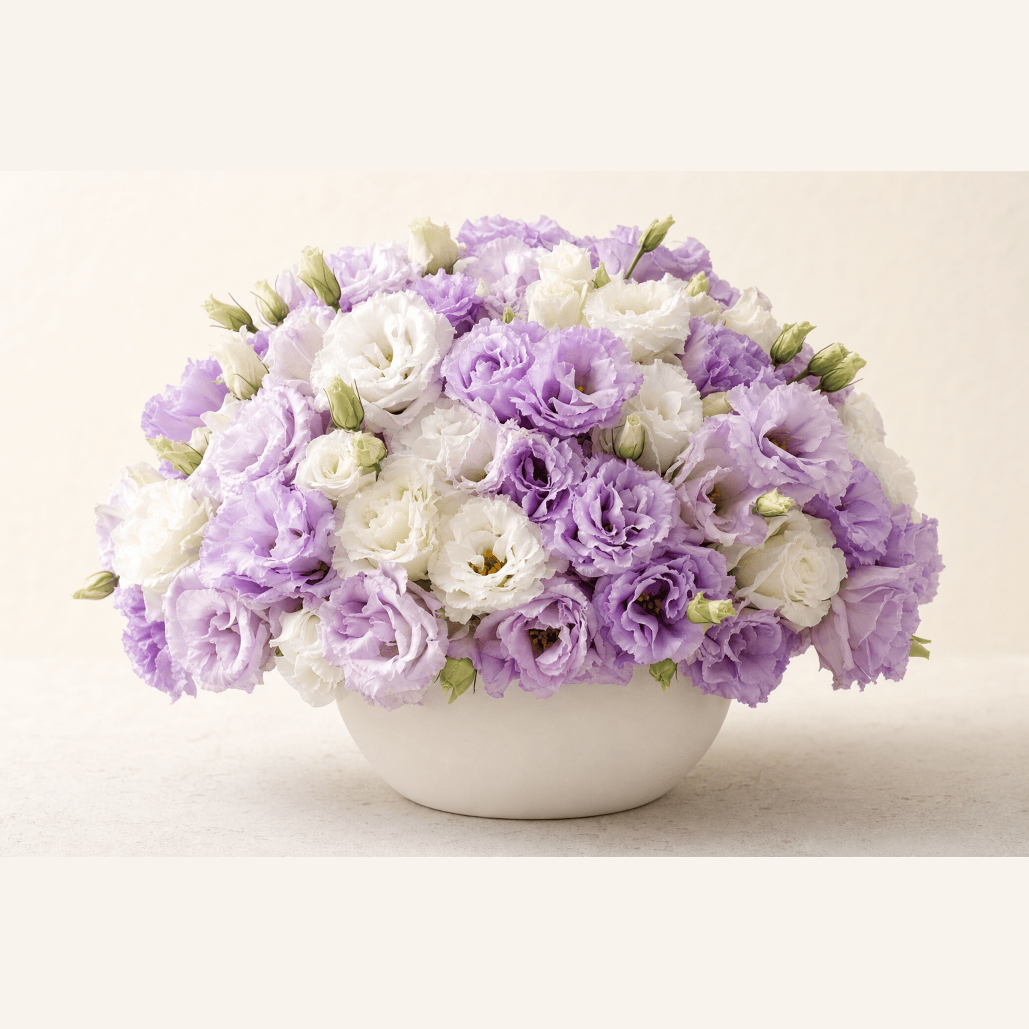 Lavender and white lisianthus blooms densely arranged in a round white ceramic bowl