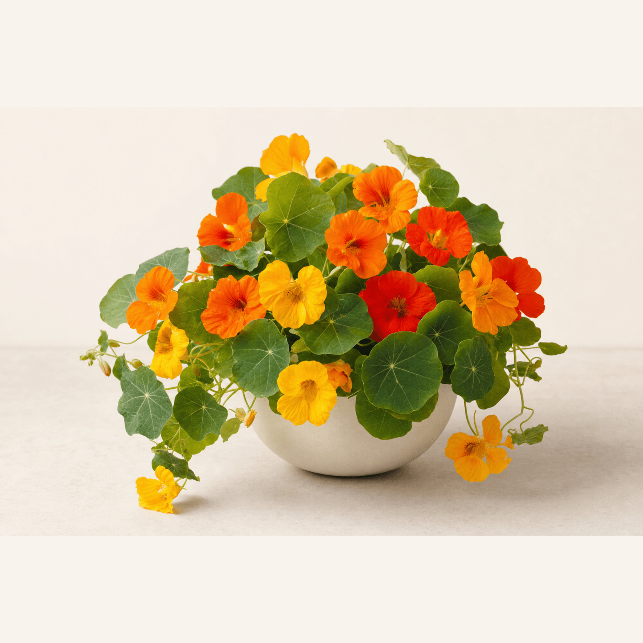 Orange, red, and yellow nasturtiums with round green leaves in a white ceramic bowl