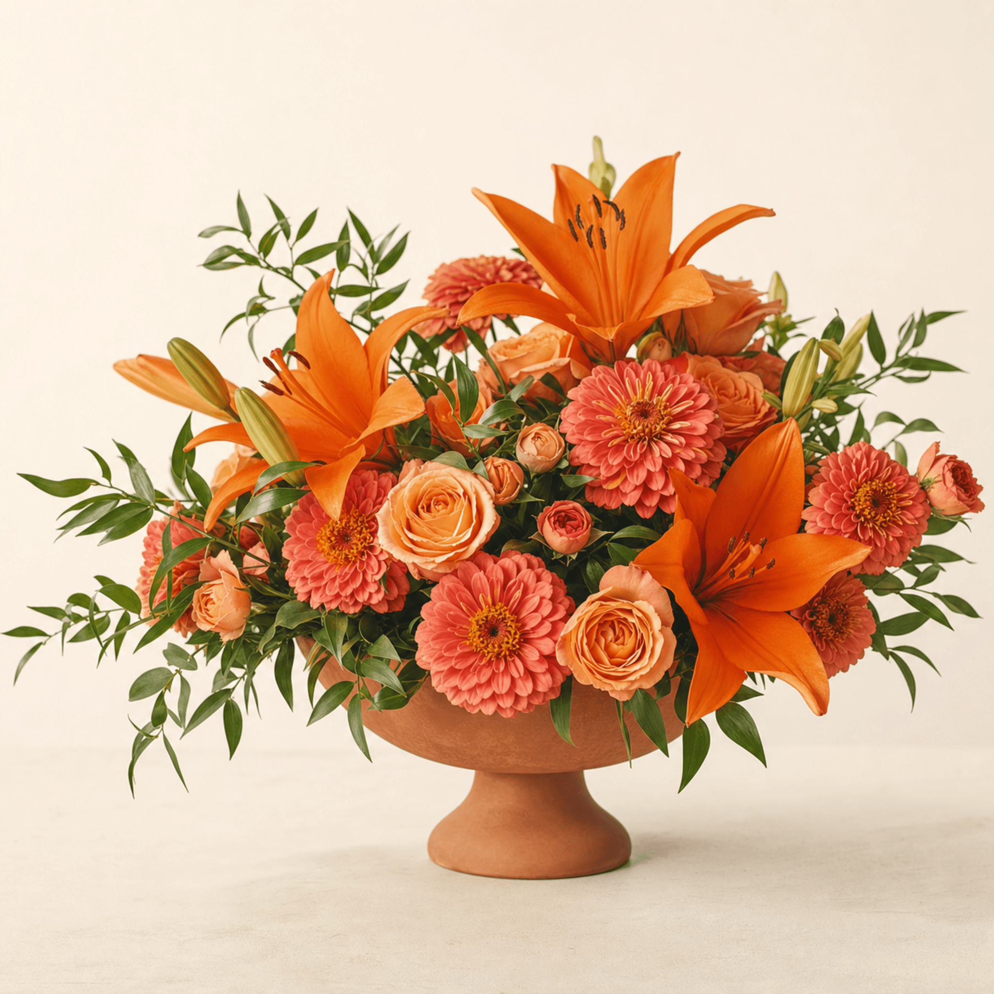 Orange Asiatic lilies, peach roses, and coral zinnias in a terracotta footed compote vase