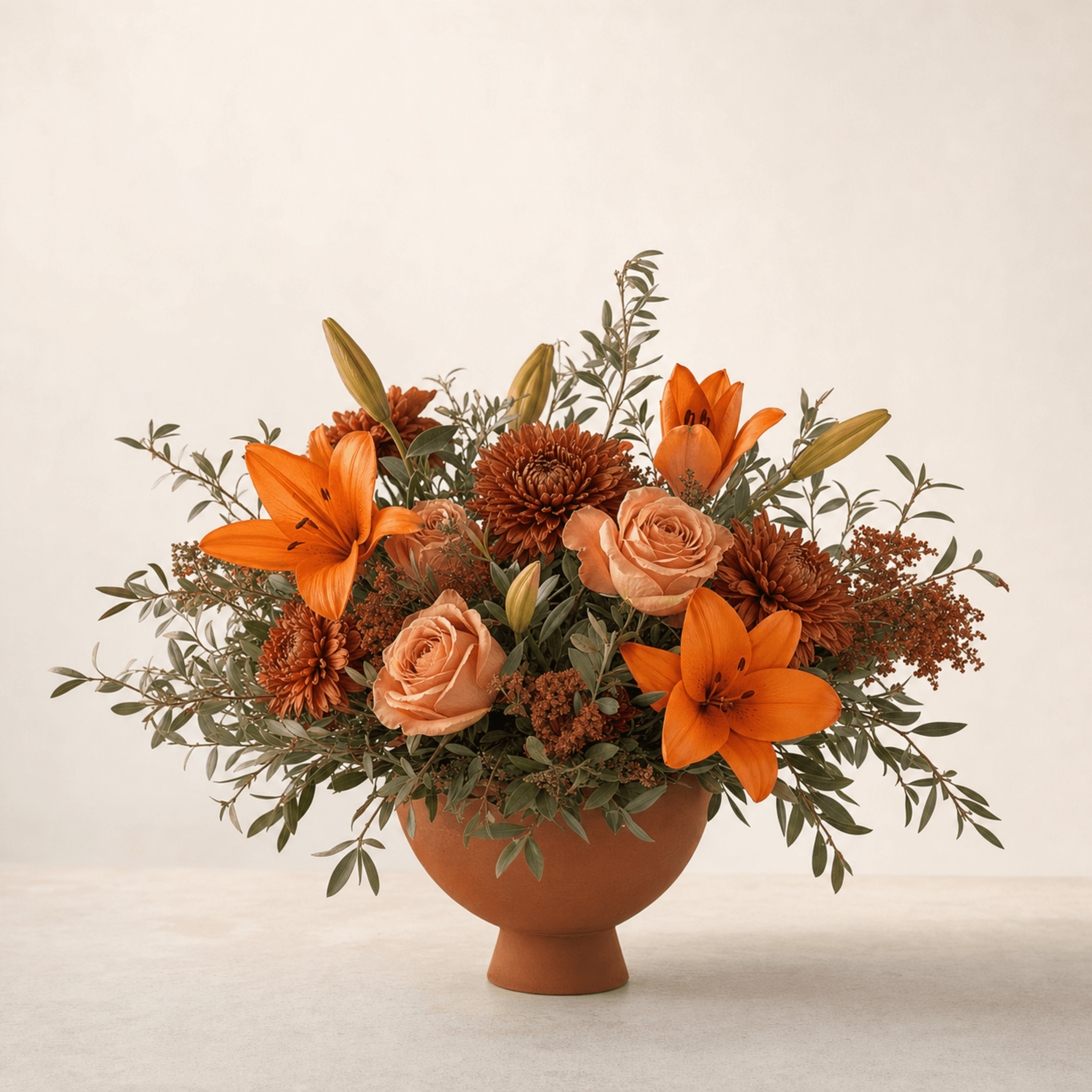 Orange lilies, peach roses, and rust chrysanthemums in a terracotta footed bowl