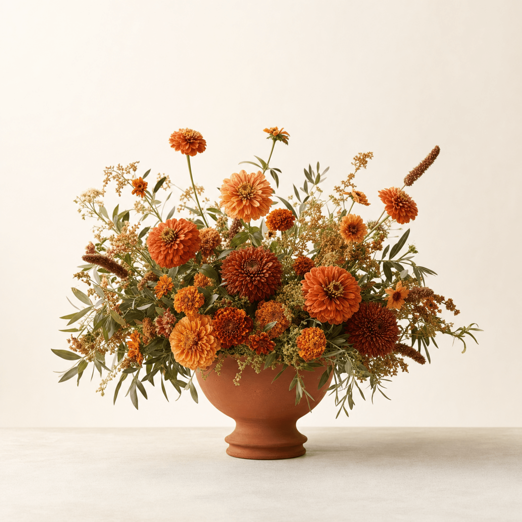 Orange and rust zinnias with marigolds in a terracotta footed bowl arrangement