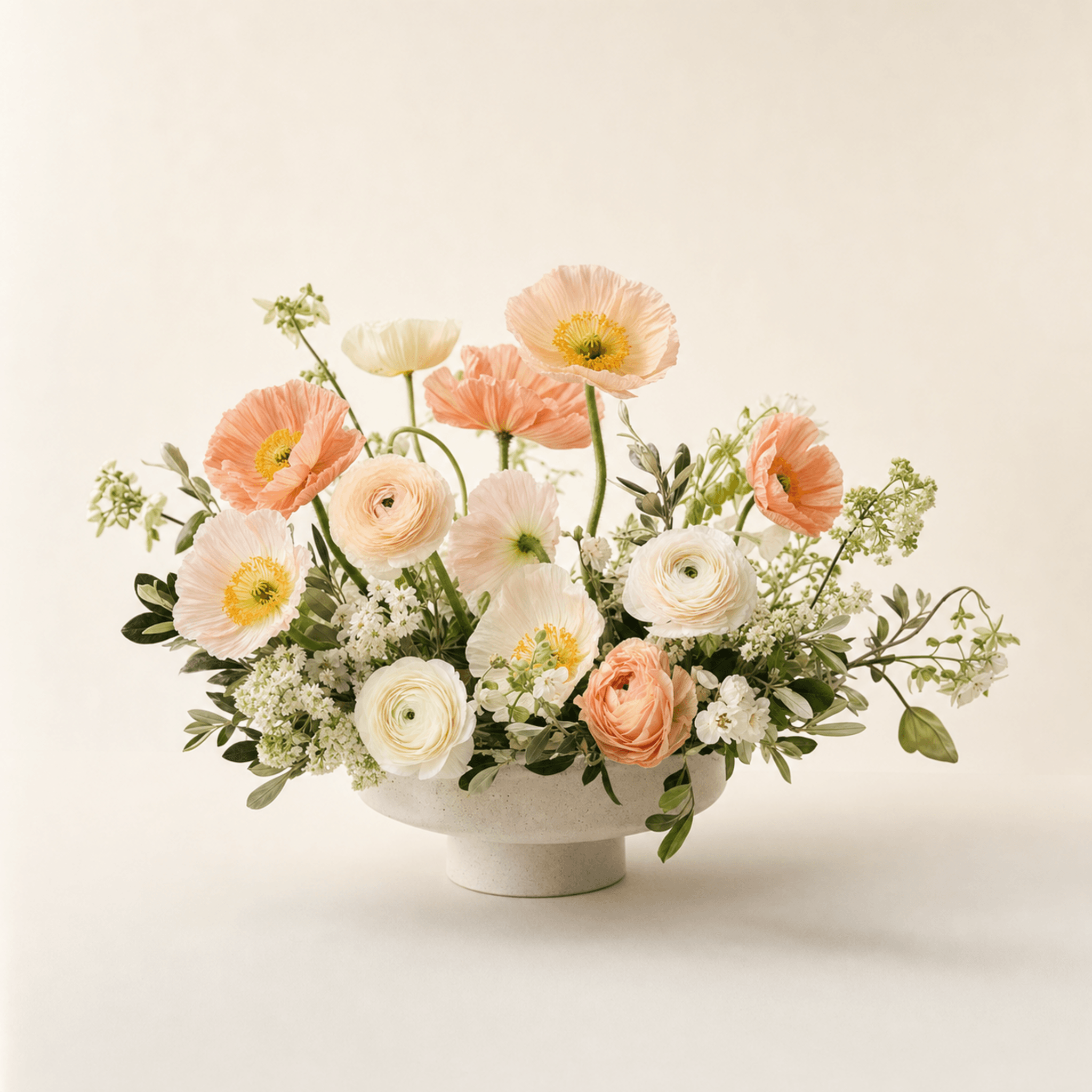 Peach and white poppies, ranunculus, and white filler blooms in a footed ceramic bowl