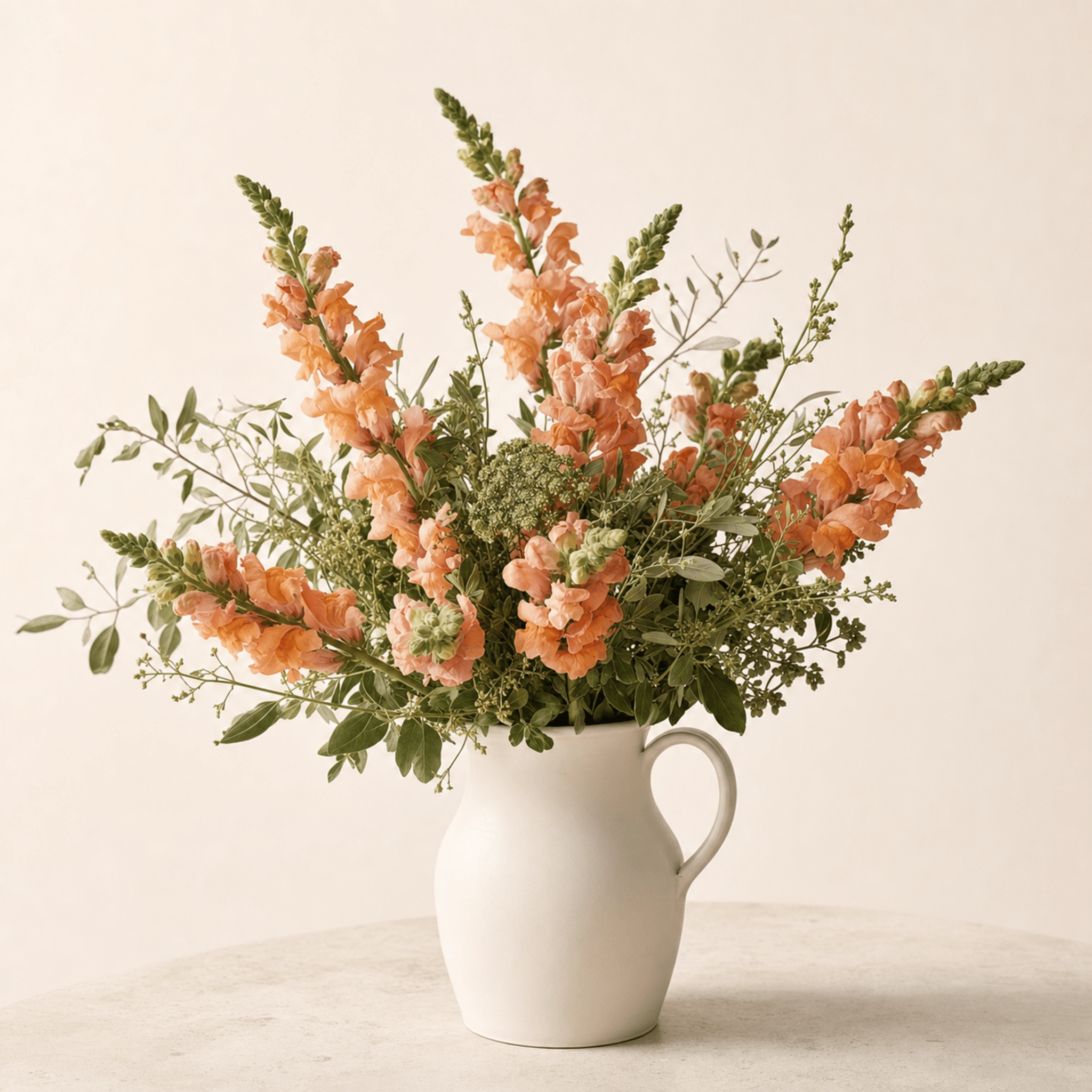Peach snapdragon stems with eucalyptus and filler foliage in a white ceramic pitcher