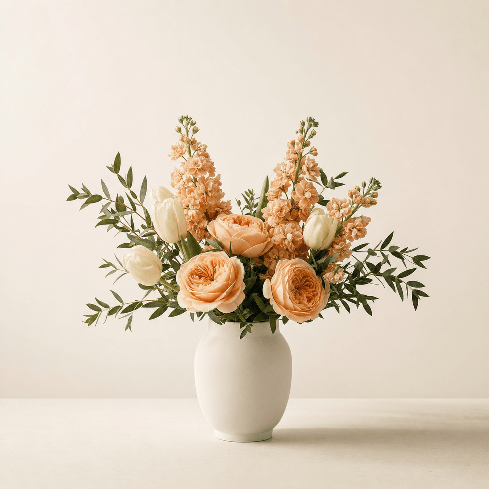 Peach garden roses, white tulips, peach stock and eucalyptus in a white ceramic vase