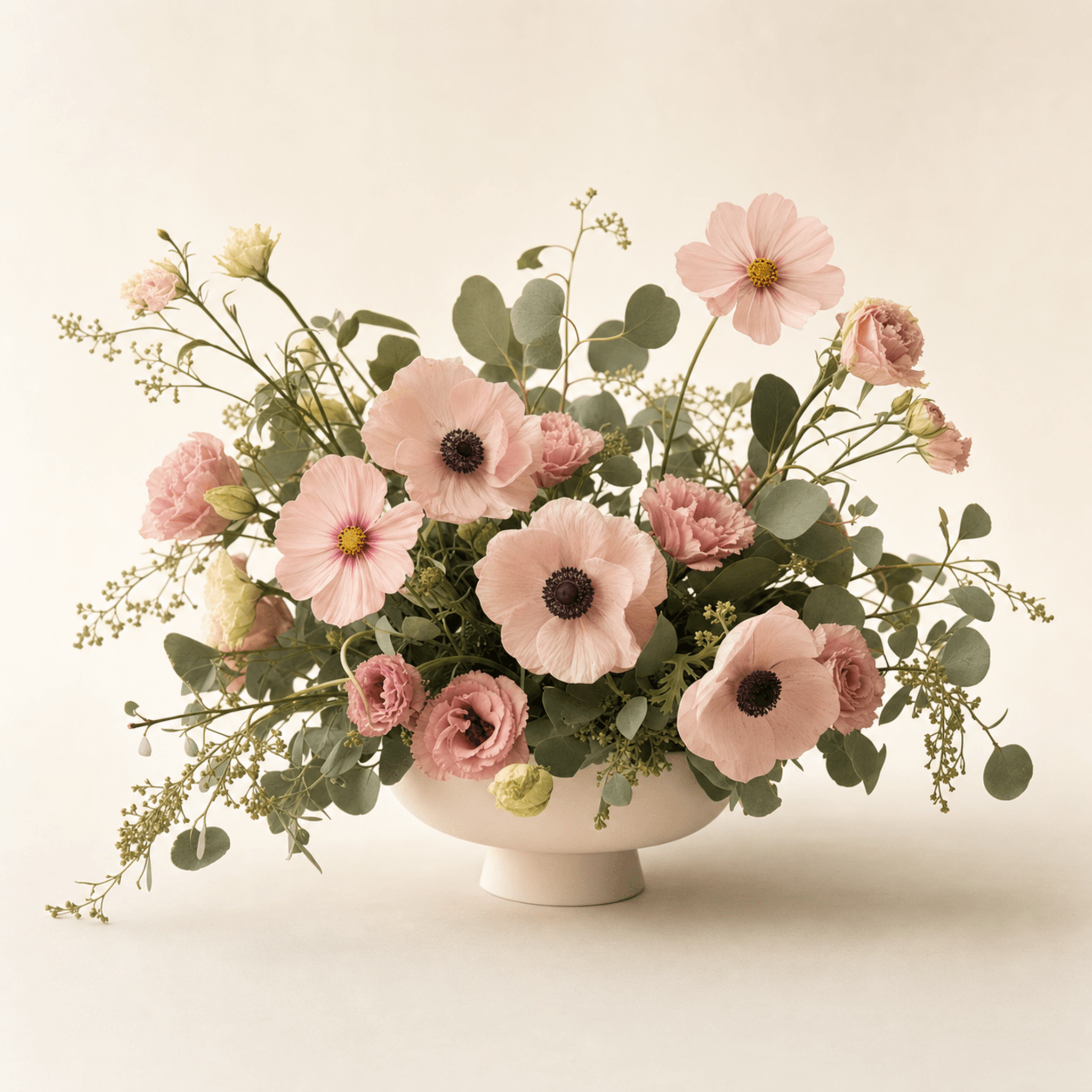 Pink anemones, cosmos, lisianthus and eucalyptus in a white footed ceramic bowl