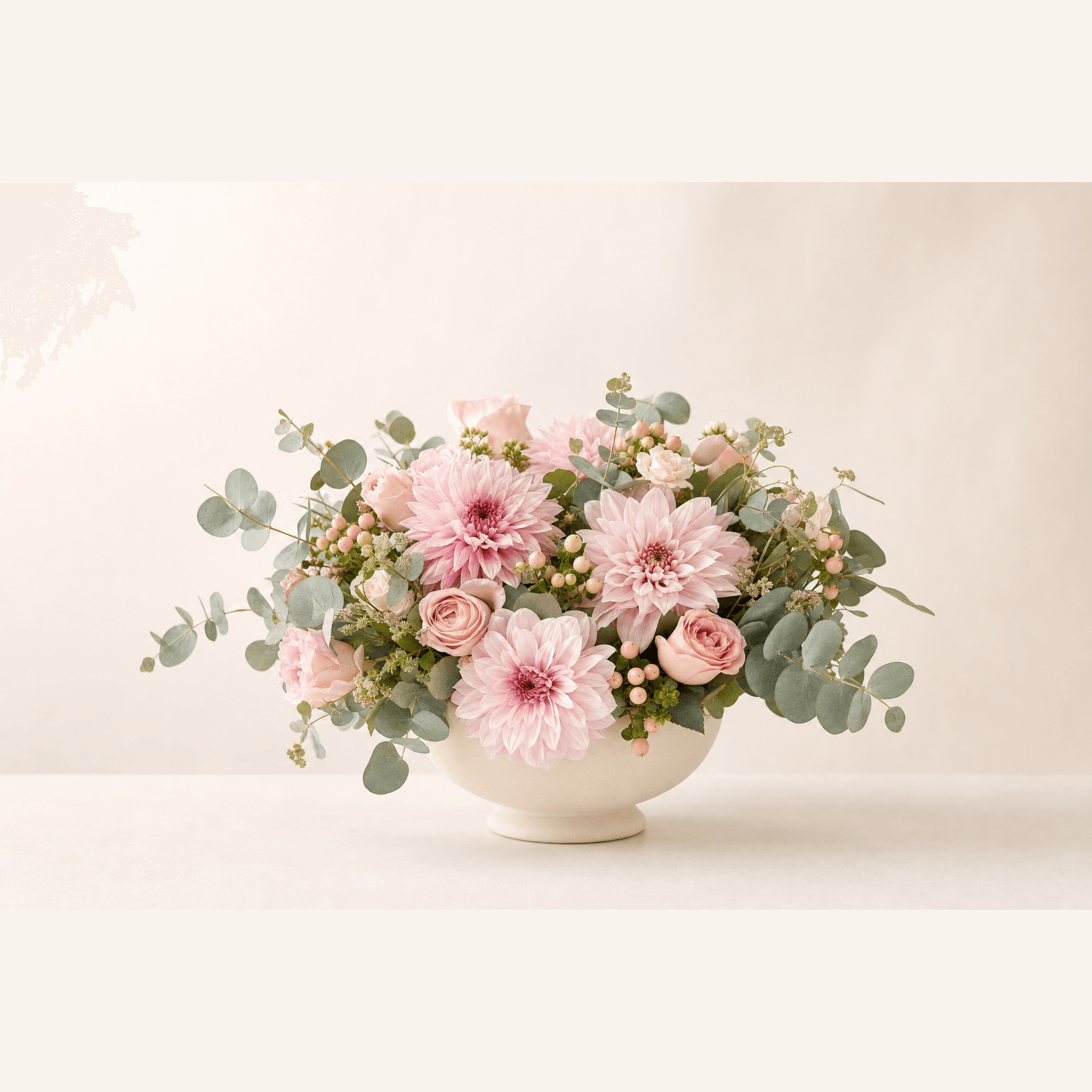 Pink dahlias and blush roses with eucalyptus in a white footed bowl