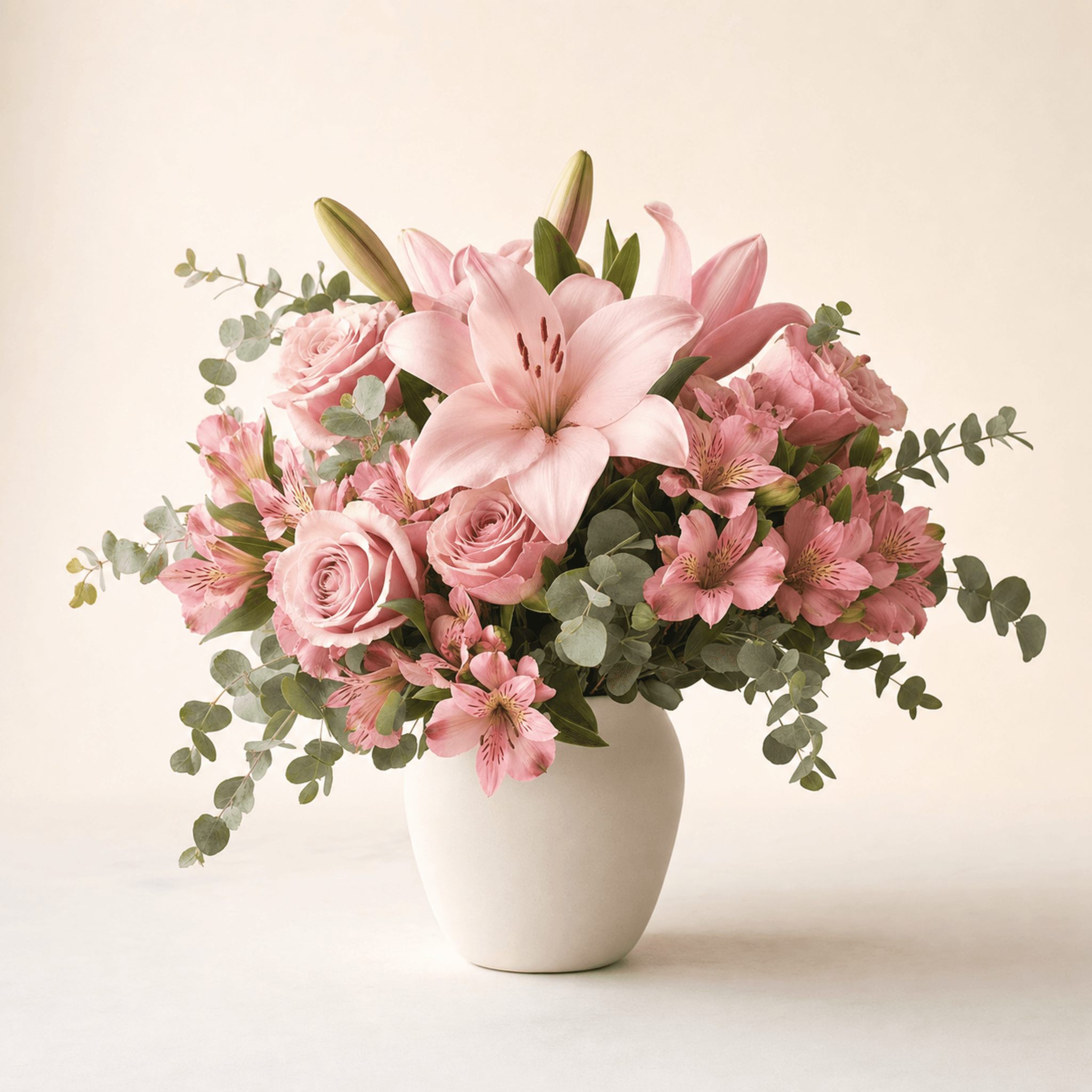 Pink lilies, roses, alstroemeria, and eucalyptus arranged in a white ceramic vase