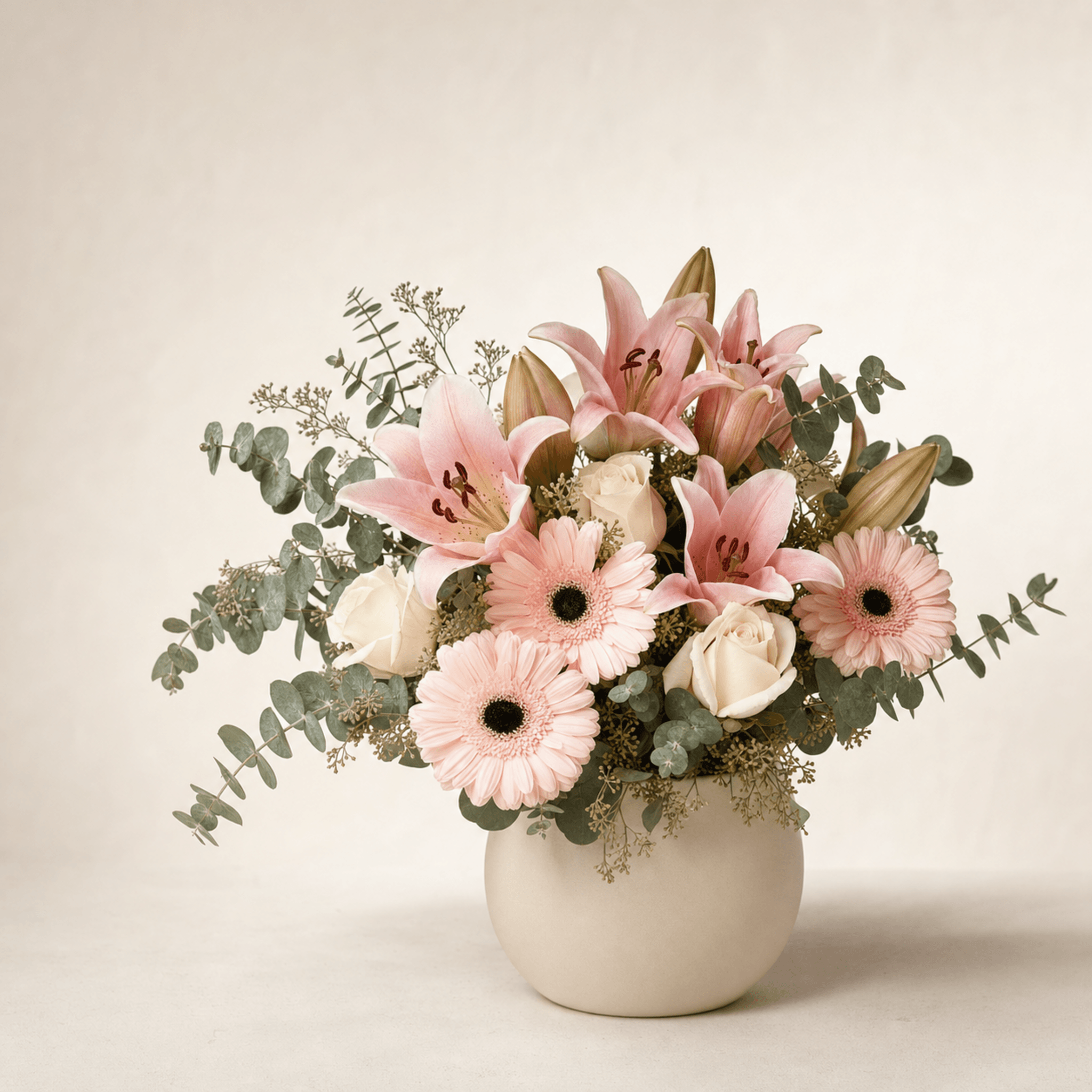 Pink lilies, blush gerberas, white roses, and eucalyptus in a round cream ceramic pot