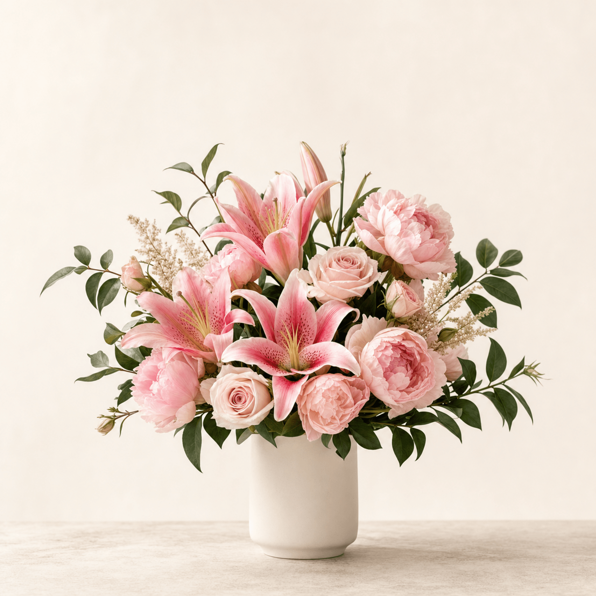 Pink stargazer lilies, peonies, and roses with eucalyptus in a white ceramic vase