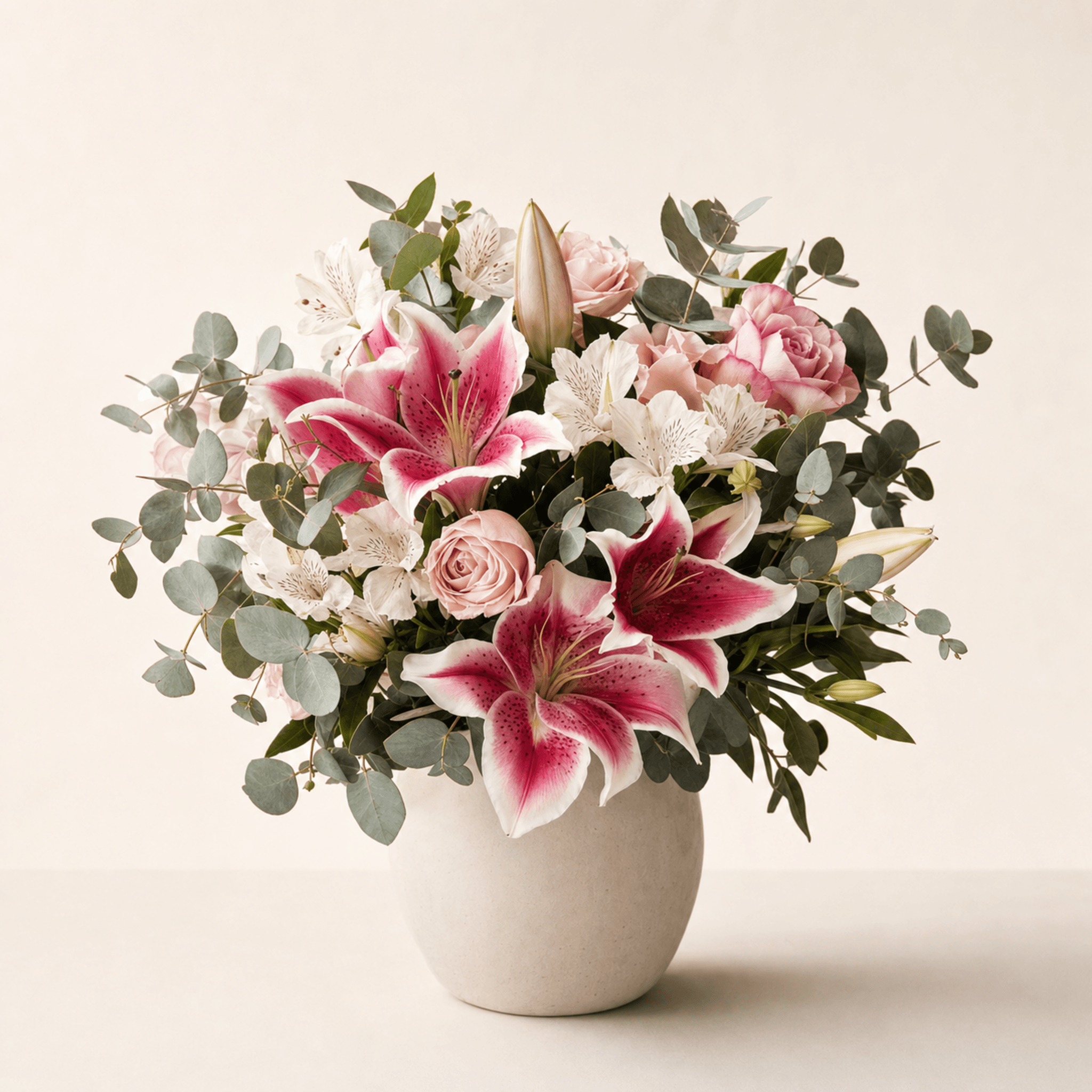 Pink stargazer lilies, blush roses, white alstroemeria and eucalyptus in a round cream ceramic vase