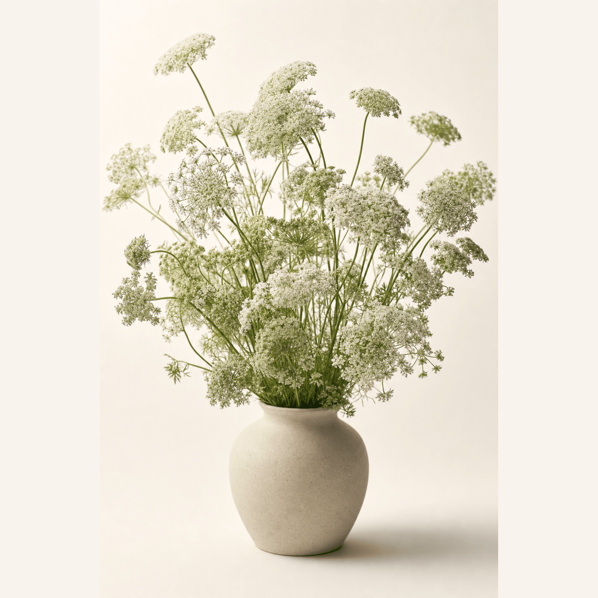 White Queen Anne's lace blooms in a round matte ceramic vase