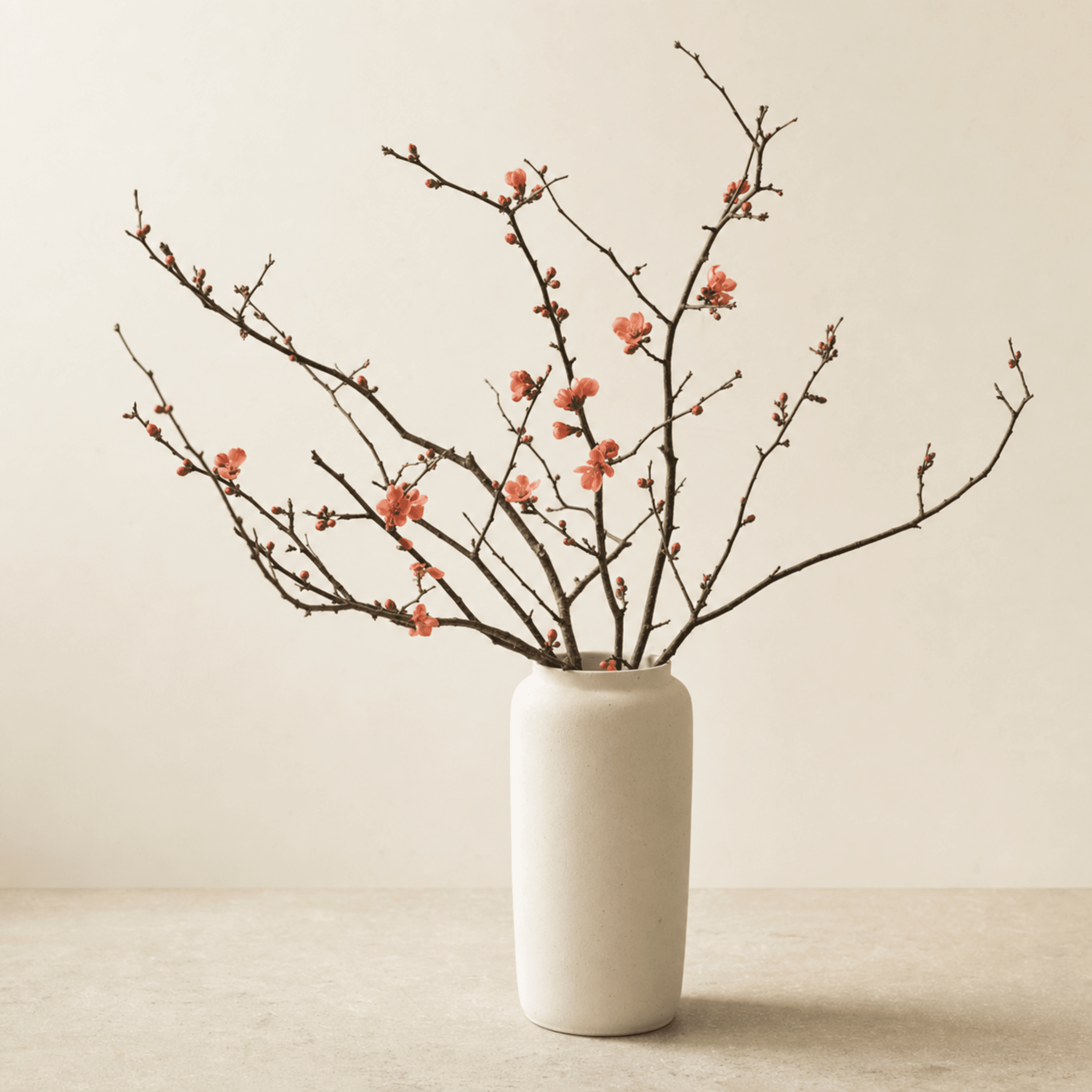 Coral quince blossom branches with red buds in a tall white ceramic vase