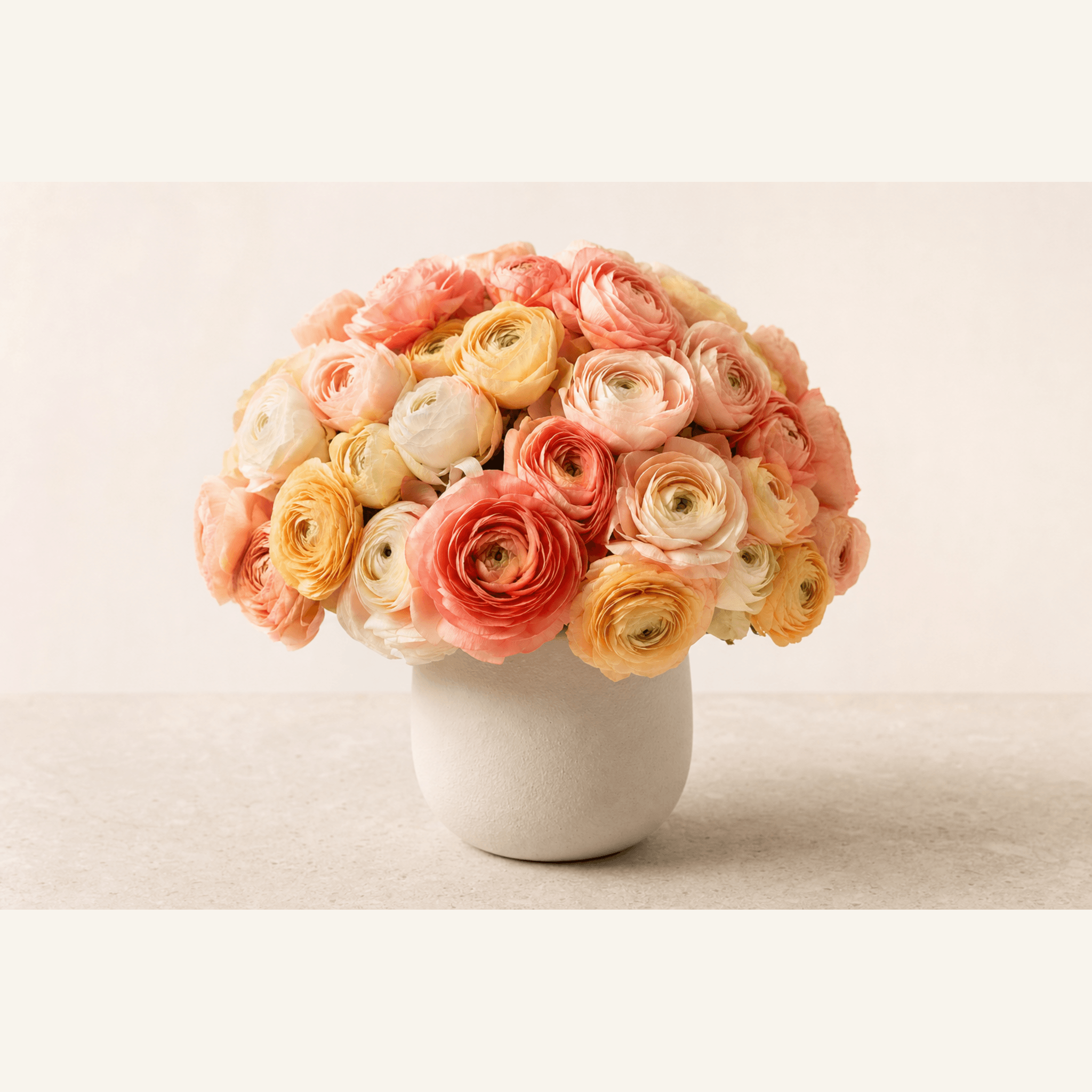 Coral, peach, cream and yellow ranunculus arranged in a dome shape in a white ceramic pot
