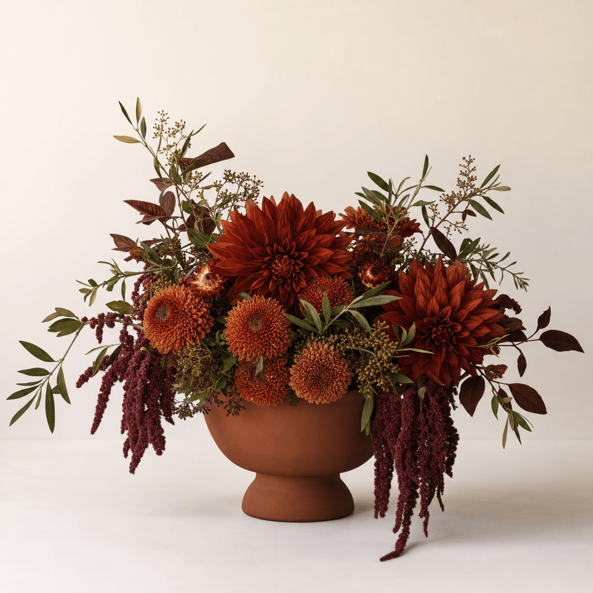 Deep red dahlias, burnt orange chrysanthemums, and trailing burgundy amaranthus in a terracotta footed bowl