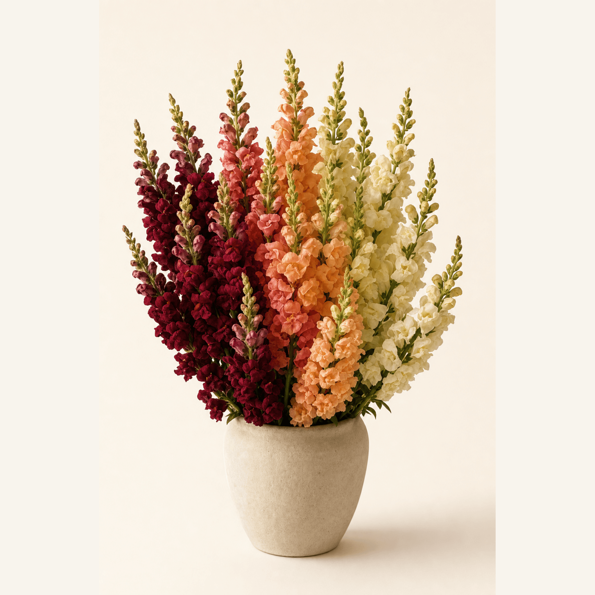 Ombre snapdragon stems in deep red, pink, peach and cream in a round ceramic pot