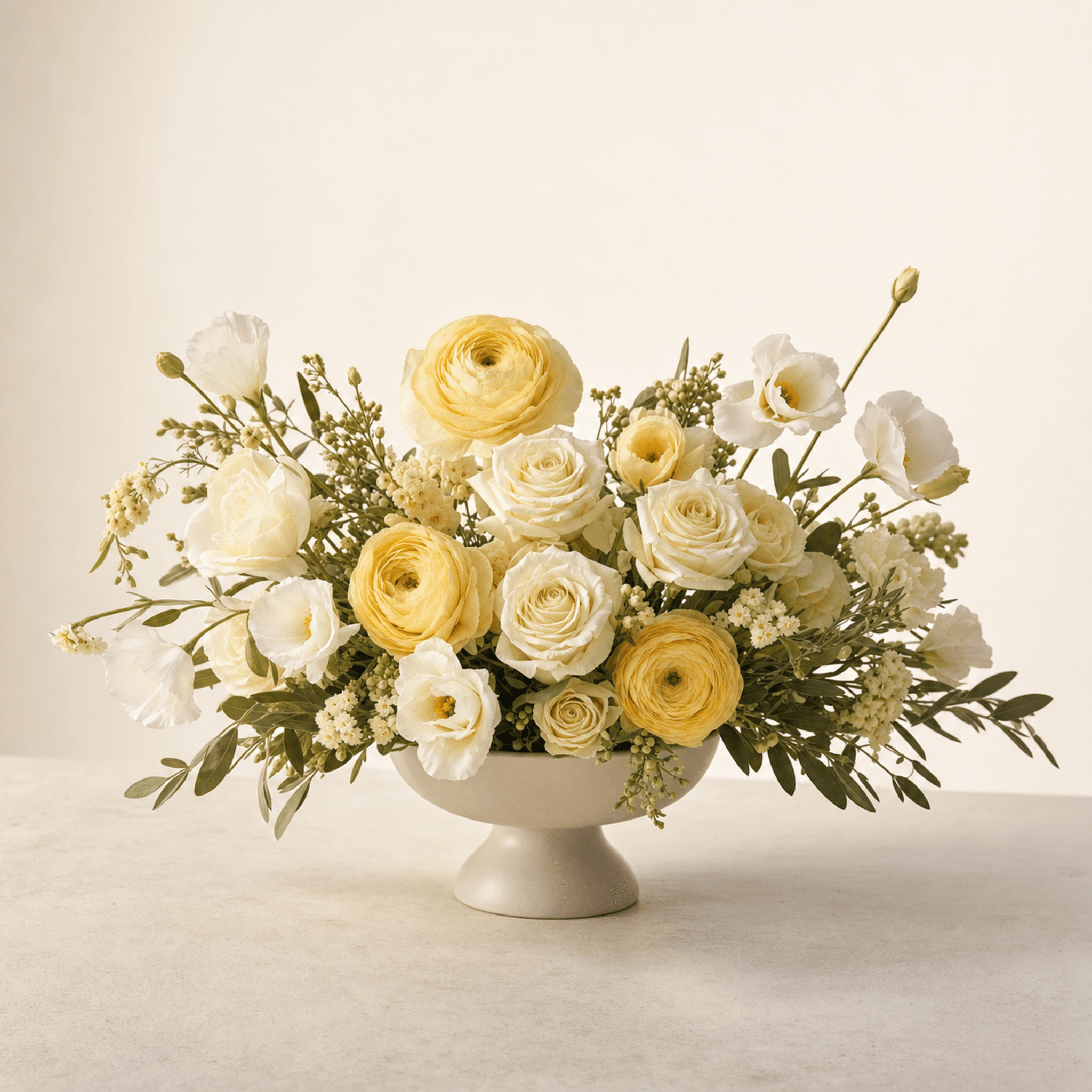 Yellow ranunculus, white roses, and lisianthus in a cream footed ceramic bowl