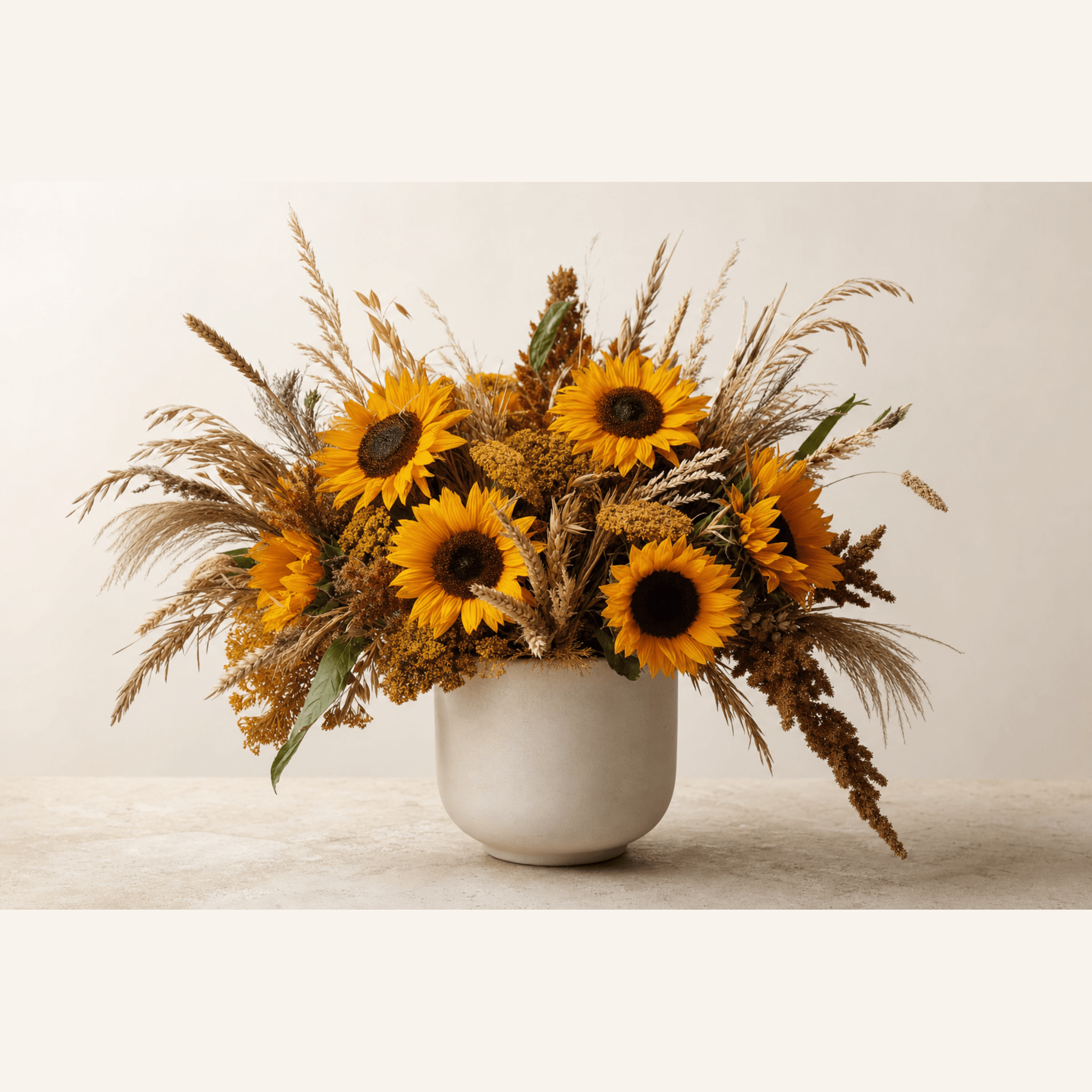 Golden sunflowers with dried grasses and amaranth in a round white ceramic pot
