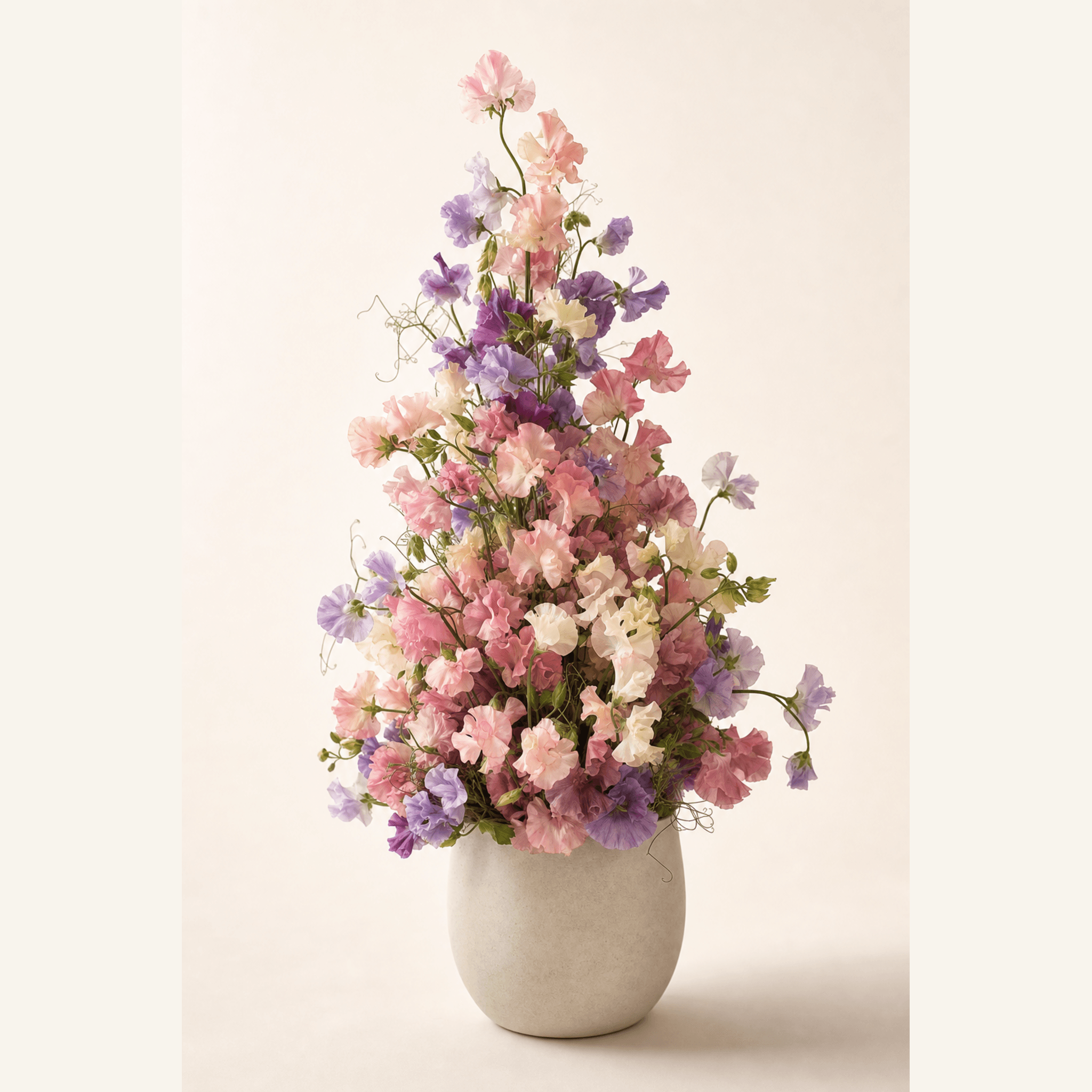 Pink, purple, and white sweet peas arranged tall in a round cream ceramic vase
